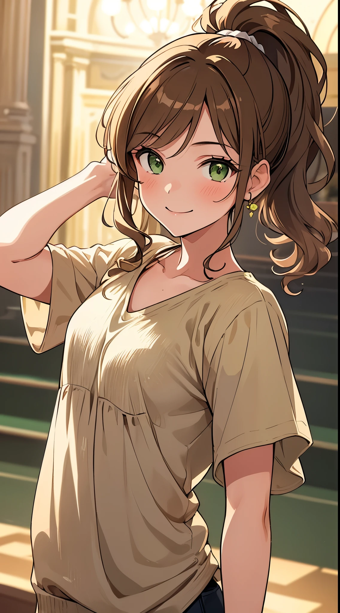 {{{{masterpiece, ultra detailed, best quality}}}} light brown hair, medium hair, wavy ponytail, green eyes, gentle face, smiling, fit body shape, dynamic angle, girly clothes, stage background, soft skin, mature looking.