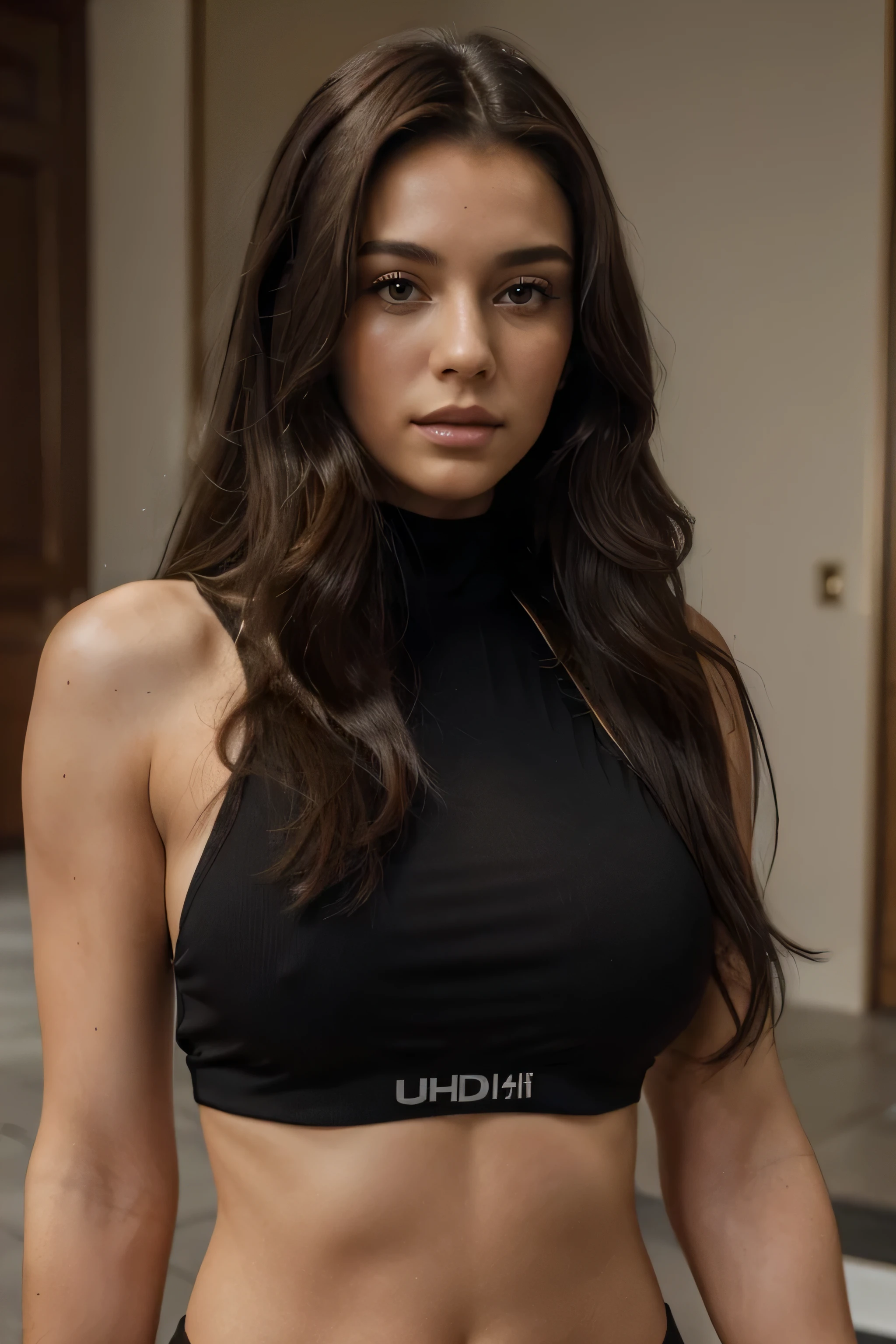(Best quality, 8k, 32k, Masterpiece, UHD:1.2),Photo of Pretty brunette woman,black long hair,beauty face,black sport linegerie