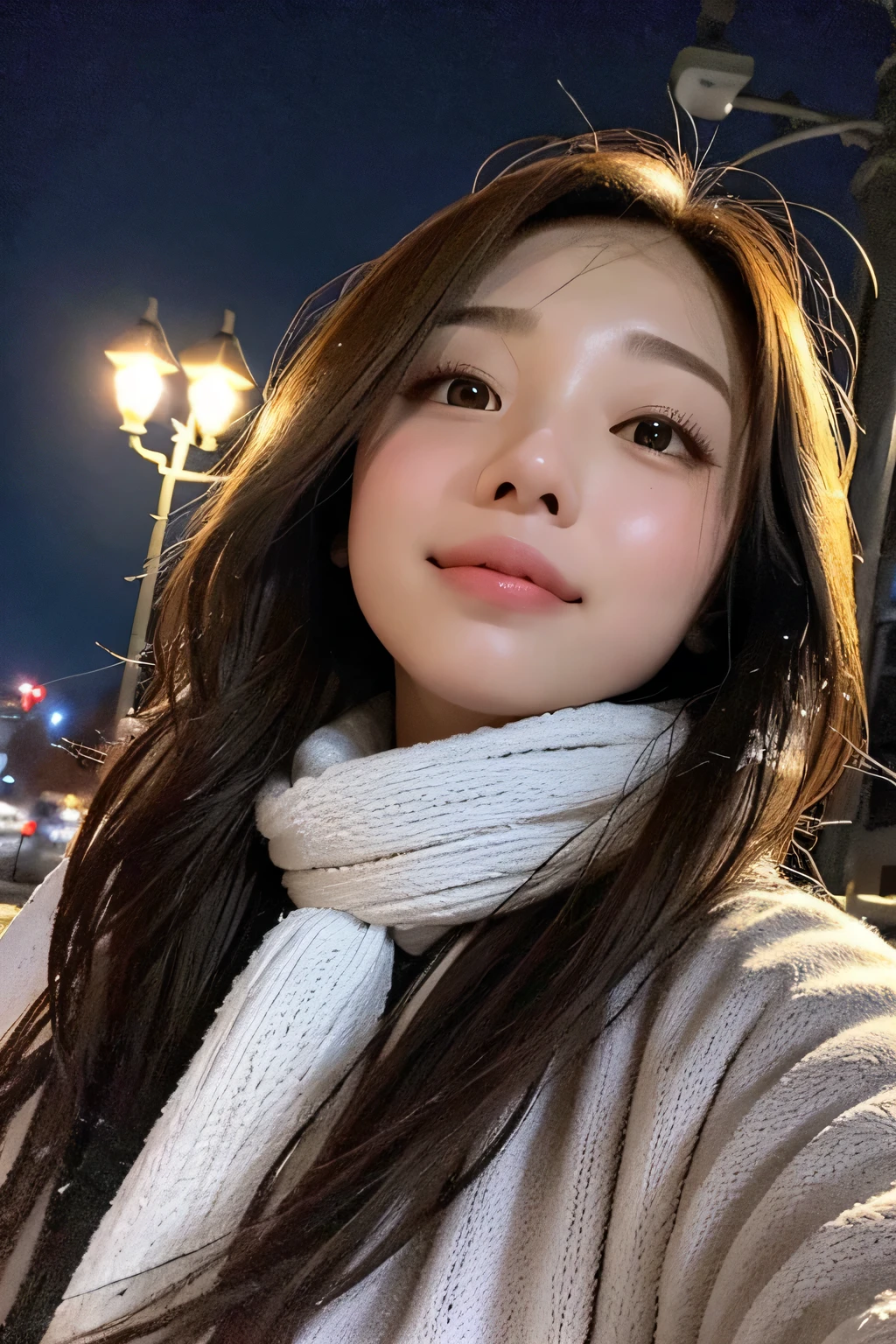 It snows in winter,Looking up at the streetlight from below,I see it snowing, wearing a long brown windbreaker,black around neck, white and gray scarf.,nice brown waves,professional camera angles,Background blur 4K quality
