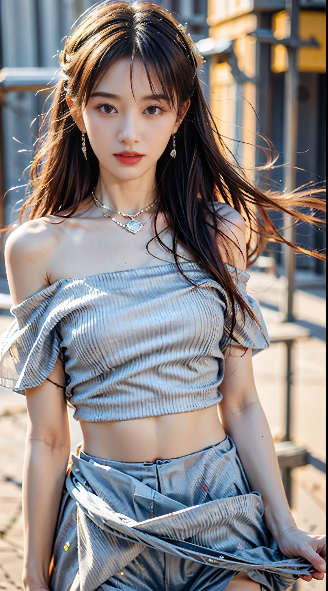 The beautiful女孩大学生, tmasterpiece, light make-up, Redlip, silber hair, Long messy hair, streets background, The beautiful, Elegant. Ultra-fine details, 一件a work of art, Authentic texture, Realistic cinematic lighting, Perfect work, 8K, k hd, exquisite facial features, White off-shoulder ruffled short shirt, Short pleated skirt,skirt lift，mix4， slimfigure, big bright eyes, , ear nipple ring, choker necklace, Tattoo works，a work of art，