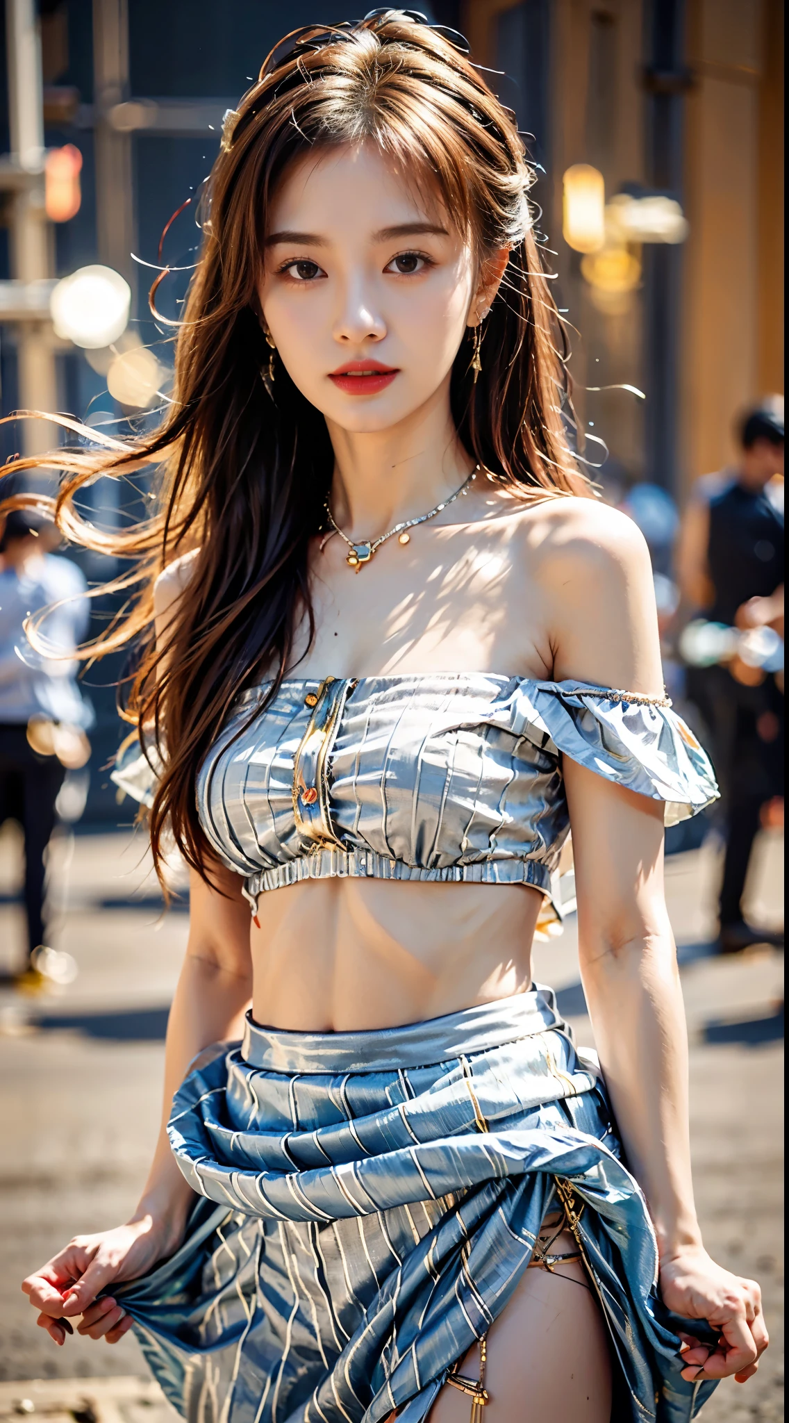 The beautiful女孩大学生, tmasterpiece, light make-up, Redlip, silber hair, Long messy hair, streets background, The beautiful, Elegant. Ultra-fine details, 一件a work of art, Authentic texture, Realistic cinematic lighting, Perfect work, 8K, k hd, exquisite facial features, White off-shoulder ruffled short shirt, Short pleated skirt,skirt lift，mix4， slimfigure, big bright eyes, , ear nipple ring, choker necklace, Tattoo works，a work of art，