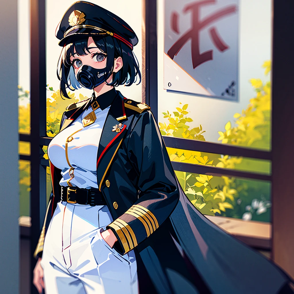 (((masterpiece)))、(((Top image quality)))、(((top-quality)))、(Illustration of one woman)、30-years old、(Viceroy)、Black hair bob cut、((Face covering gas mask))、Gray eyes、((Tall))、((huge tit))、((Military uniforms))、((Military Cap))、((Military coat))、(white clothes)、(White pants)、(White cap)、trench coat、((kosmos船の中))、(Outside the window、kosmos、kosmosから見た地球、kosmos港)