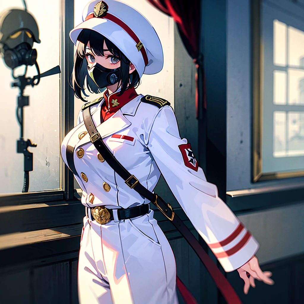 （（（​masterpiece）））、（（（Top image quality）））、（（（top-quality）））、（Illustration of one woman）、30-years old、（Viceroy）、Black hair bob cut、（（Face covering gas mask））、Gray eyes、（（Tall））、（（huge tit））、（（Military uniforms））、（（Military Cap））、（（Military coat））、（white  clothes）、（White pants）、（White cap）、trench coat、（（kosmos船の中））、（Outside the window、kosmos、kosmosから見た地球、kosmos港）
