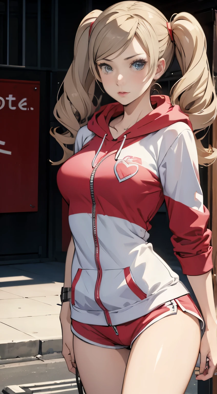 (((masterpiece))), HD 4k res image, no blur, Ann Takamaki, innocent, outdoor, wearing oversized hoodie and shorts