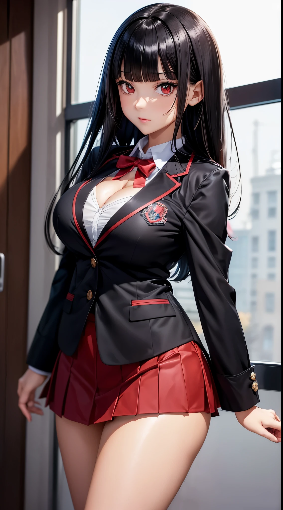 ((Best Quality)), ((masutepiece)), (Detailed), (highlight), Perfect face　Young girl with detailed face showing cleavage、Red eyes and long, thick, glossy, beautiful black hair with blunt bangs、Single-color background、standing with arms crossed、Wear student council president blazer and miniskirt school uniform