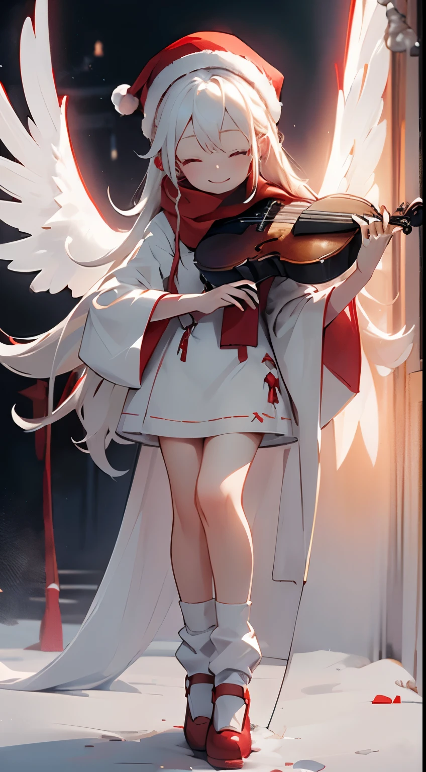 girl wearing christmass dress cotton, night background with snow, red scarfs, playing violin, smile, cute, slim, eyes closed, white long messy curly hair, red clous hat, red short dress, slim, angel wings, sexy, inside a cottage chillin, poser, comftly, long black and white stripe socks,
