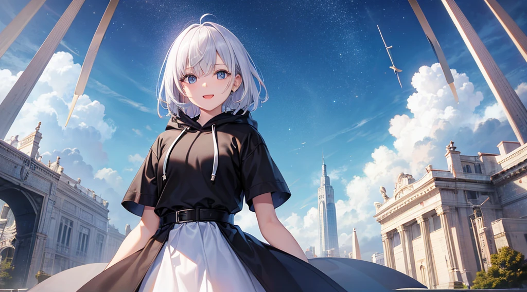 Ultra-high image quality,Look at viewers, hands behind back, girl with, 20 years old, Very short hair, long bangs between eyes, blue eyess,Black eyes, Hoodie, Skirt , Extremely detailed,(​masterpiece、top-quality),White hair、A smile、Fantastical, Silver hair,,  Hoodie, White hoodie,a black skirt,Hair is short,White jacket, Casual style,Open jacket,  Cowboy Shot、Fluttering hair、a small face、Bright smile、(Detailed face) ,profetional lighting,fantastic landscape,Blue sky, Sunlight,look down from above,portraitures、open open mouth、facing front、fountain in the forest、flower  field、5 fingers, Beautiful eyes,, Ecstasy, charmed, be smitten with audience,