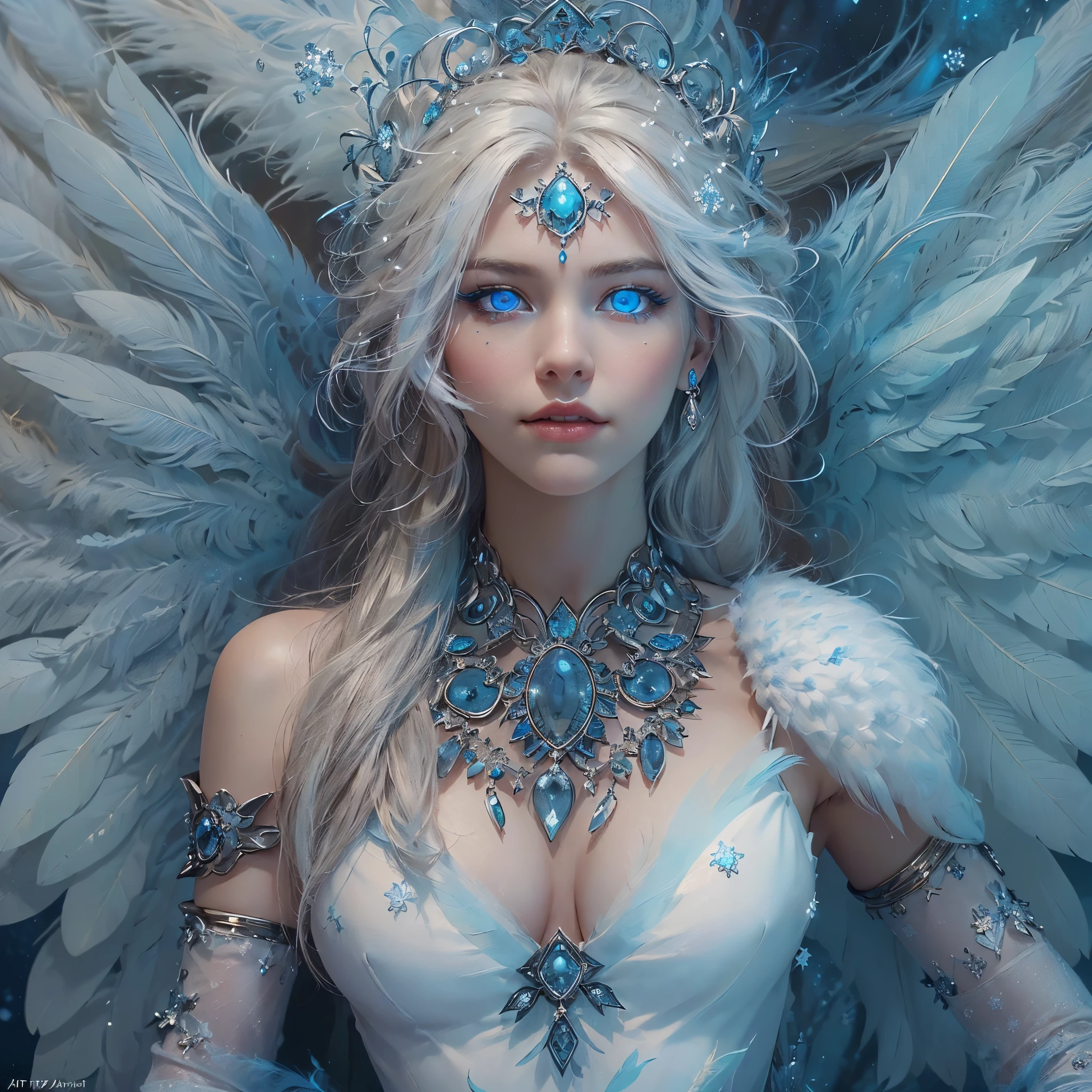 (award-winning masterpiece, incredibly detailed, textured and maximum detail), (hyper realism:1.4), (realism:1.3), (top quality realistic textured skin), (detailed true circle symmetrical eye-catching exquisite face, ((medieval world)), ((Lord demon)), ((Lord frozen (The Lord's Frozen Devil)), (She has a mischievous smile), (Eyes glowing blue in the dark: 1.8), (Blue eyes with strong blue light from within: 1.7), ((snowstorm)), (white costume: 1.8), (dramatic light), (magnificent scene), (Her expression is gentle and beautiful, but somehow (large wings with feathers behind her shoulders:1.6), (large wings with feathers behind her shoulders:1.6), snowflake earrings in her ears, (dramatic photograph:1.7), (seductive pose), ((dramatic pose)), (gorgeous photograph), (golden hair), (silver hair), (chestnut hair), short cut hair, (full-length portrait:1.7), ((examining)), ((looking down)), ((full-length standing figure)), ((gives full-length standing figure)), (elaborately crafted necklace around her neck), (bioluminescence with brilliant glow:1.1), (uses flashy snow magic:1.2), ((snowflakes)), (luminous magic camp), ruins of an ancient castle, abandoned, crumbling ruins, glowing majestic cloud mass and sky, lightning, epic realism, fading, art book, (Greg Rutkowski:0.8), (teal and orange:0.4), (art book station:1.5), cinematic, ((neutral tints)), (ticker:) 1.5), (muted colors:1.2), hyperdetailed, dramatic light, (elaborate details:1.1), complex background, (teal and orange:0.4), (teal and orange:0.4), cinematic, ((neutral colors)), (ticker: 1.5), (ticker: 1.2), hyperdetailed, dramatic light, (elaborate details: 1.1), complex background