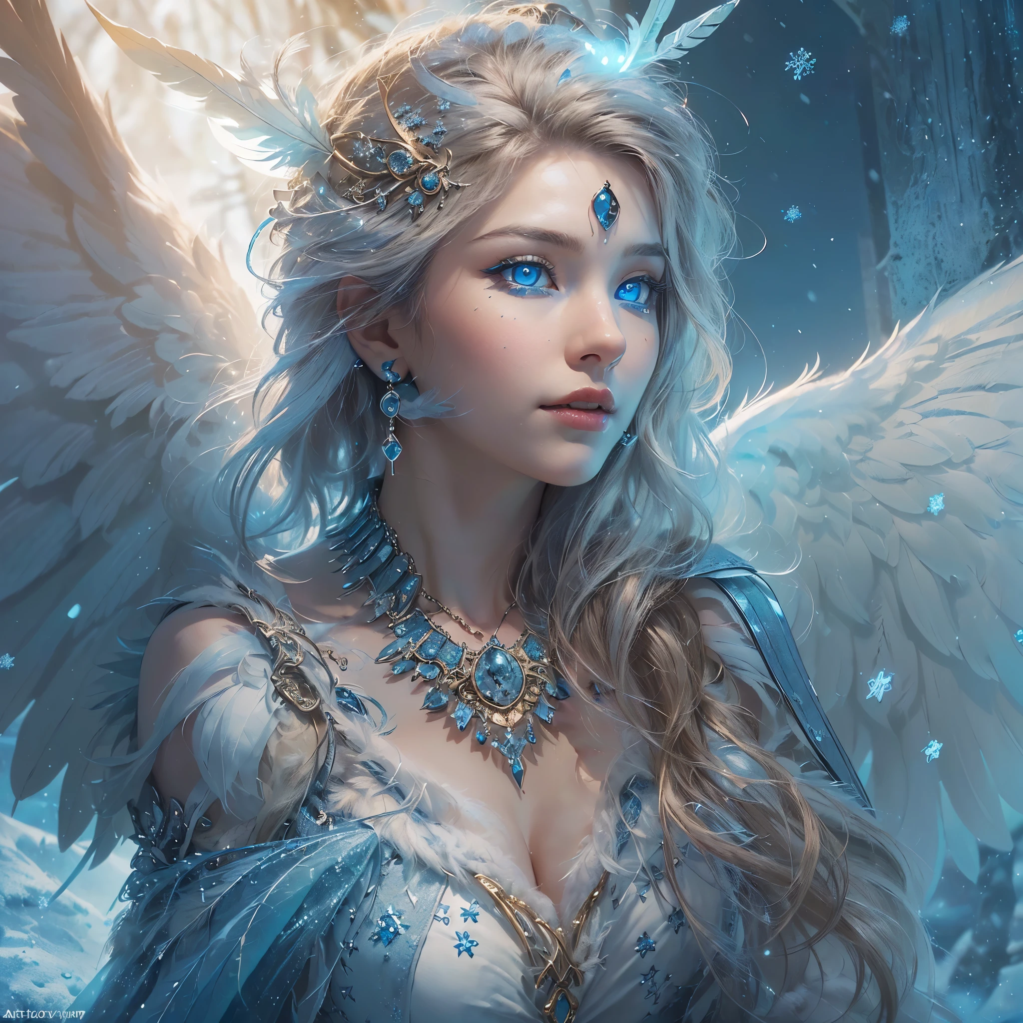 score_9, score_8_up,score_7_up, masterpiece, best quality, perfect anatomy, very aesthetic, official art, 8k, girl alone, sexy, of heavenly beauty, goddess, curvy, More Average Breasts, Beautiful Sparkling Hair Long Voluminous, Snowy Village Background, Lots of Snow, snowing, Bright Sparkles, Snowflakes are circling, The wind is light, Birds Sit on Trees, Northern Lights in the sky Very Beautiful Many colors, great atmosphere, full height, full detailed, masterpiece, Huge Scale Painting Wallpaper, Best quality, Fairytale and Fantastic Atmosphere,