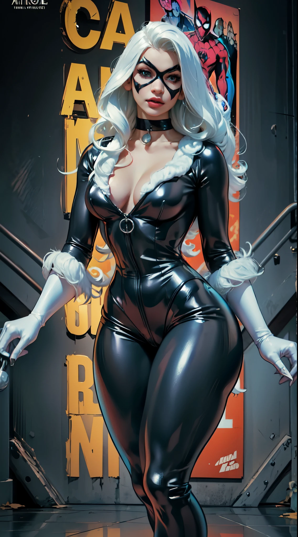 1girl, hyper realistic, hyper intrincate detailed,in toon anime mix, digital art, (Felicia Black_Cat:1.) (cartoon character), cowboy shoot, full body, detailed background, stunning body, shaped latex custom attire, black cat attire, thick clothes, black latex, curvy muscular body. Full body cinematic poster cartel by DC comic cover comics by Artgerm Lau art by Artgerm cover comic by 90s artgerm art cover to DC comics