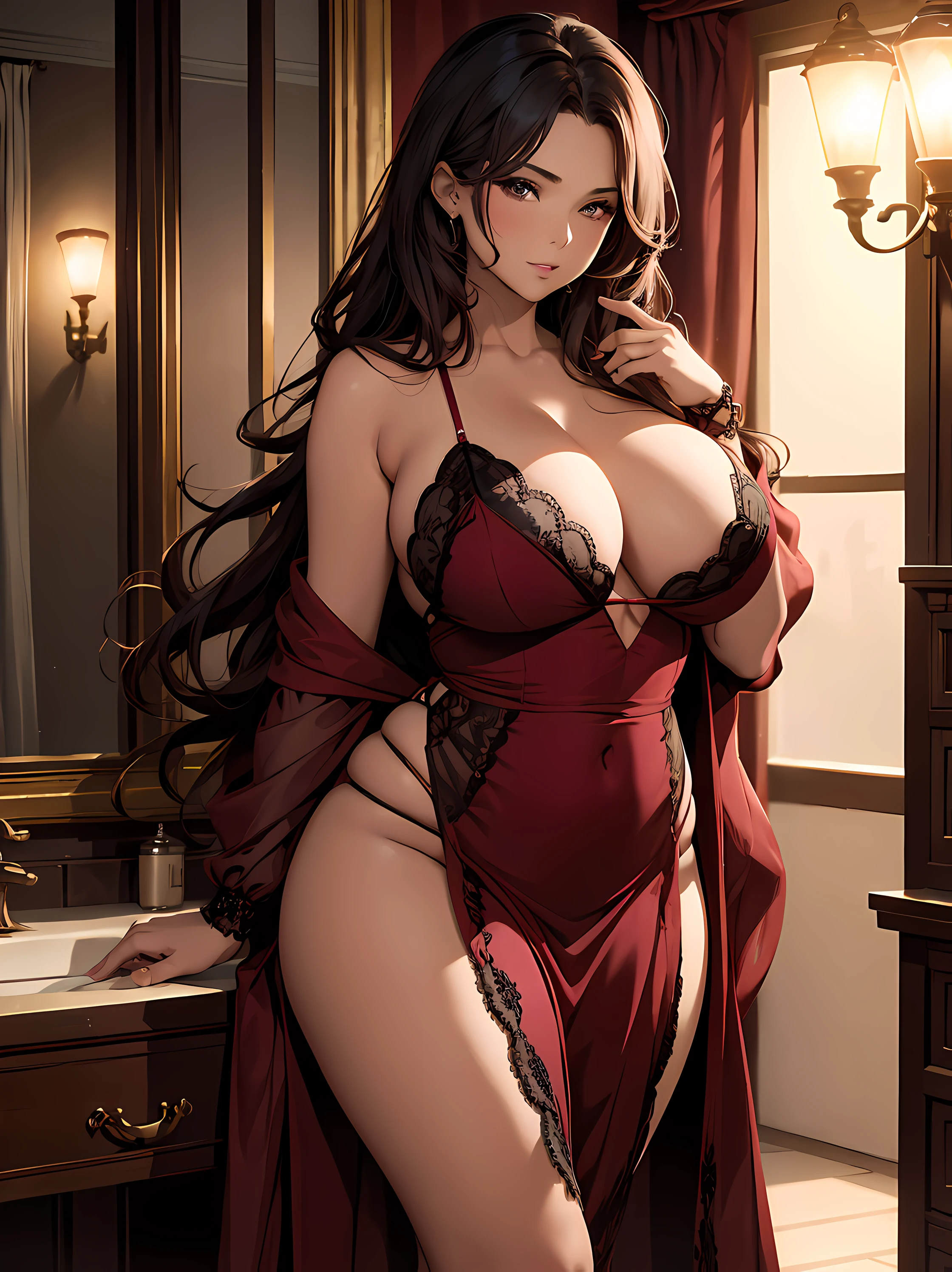 High detailed, 4k, Masterpiece, Cinematic Lighting, late evening, voluptuous woman with a curvy body, leaving the bathroom, wearing laced negligee, burgundy and black, seductive pose, pure pleasure in her posing, aroused, voyeur, depth of field,