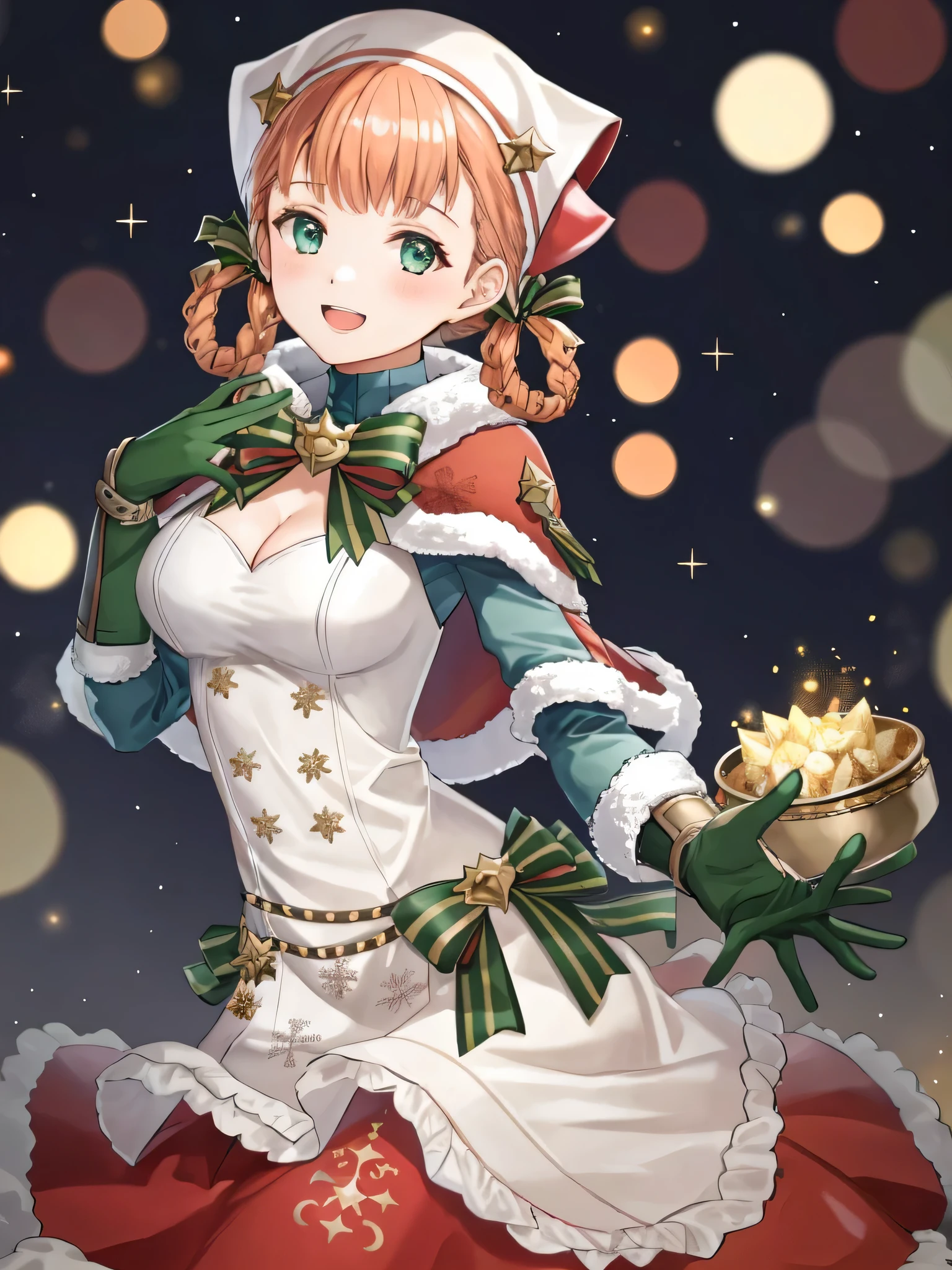 annette_hopes, 1girl, solo, breasts, looking at viewer, blush, smile, open mouth, bangs, gloves, dress, bow, holding, cleavage, medium breasts, braid, elbow gloves, hand up, star (symbol), official alternate costume, fur trim, bell, capelet, musical note, christmas, green bow, tray, hair rings, official alternate hairstyle, fur-trimmed gloves, fur-trimmed capelet, fur-trimmed dress, green gloves