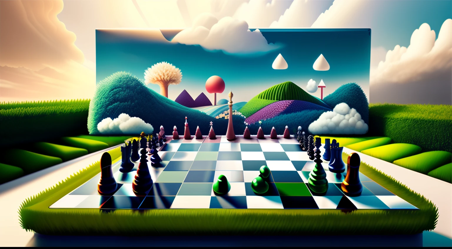 A fantastical chessboard landscape, with larger-than-life, animated pieces on a checkerboard that sprawls across lush green grass. A backdrop of a bright blue sky with fluffy white clouds ((best quality)), ((masterpiece)), (detailed), perfect face