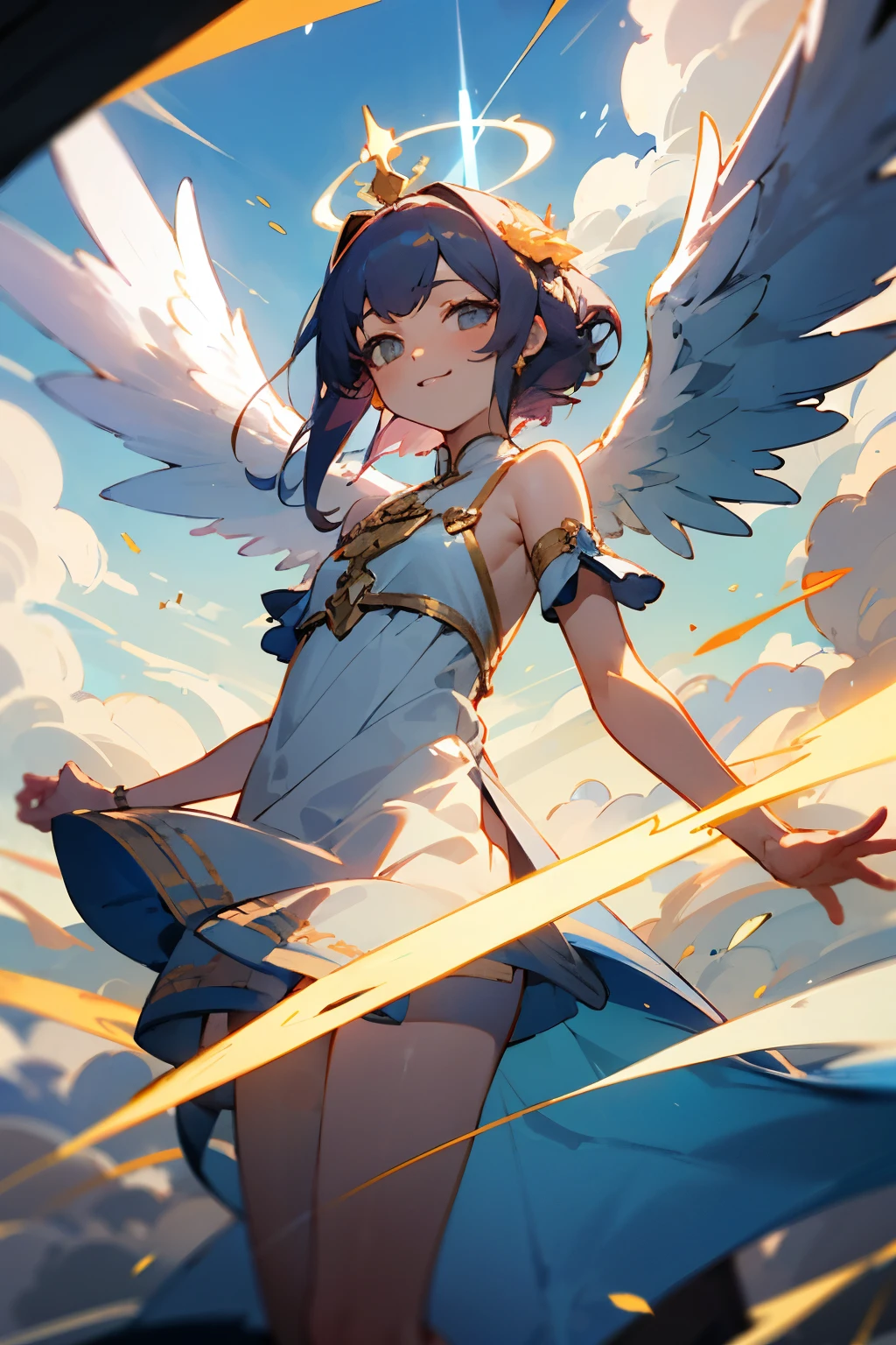Best quality at best, tmasterpiece, 超高分辨率, angel in heaven, A clear heaven in the clouds, Greek architectural paradise, Protected by clouds and holy light, , age girl body, Cute naughty smile, (ssmile:0.8), 穿着白色有金色装饰的shift dresses (shift dresses:1.2), (quadratic element:1.5), Stand head-on, of shoulders, A pair of wings,Wears a golden laurel crown on his heael halo above head,In the sun, deep shading, low tune, cold light