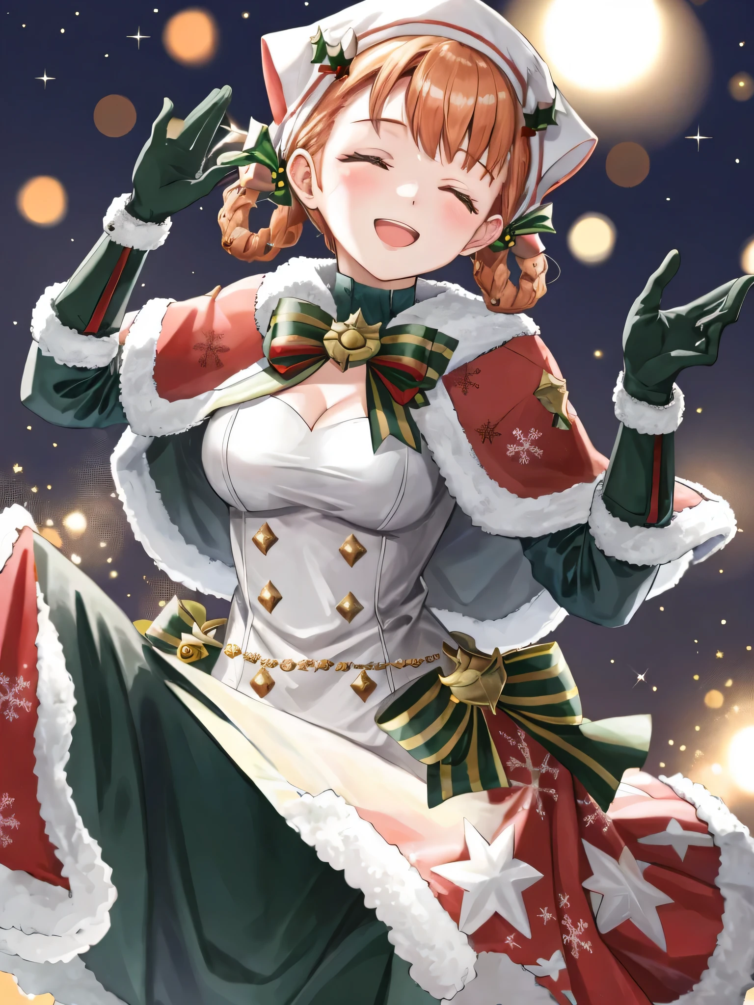 annette_hopes, 1girl, solo, breasts, closed eyes, blush, smile, open mouth, bangs, gloves, dress, cleavage, medium breasts, braid, elbow gloves, hand up, star (symbol), official alternate costume, fur trim, bell, capelet, musical note, christmas, green bow, hair rings, official alternate hairstyle, fur-trimmed gloves, fur-trimmed capelet, fur-trimmed dress, green gloves