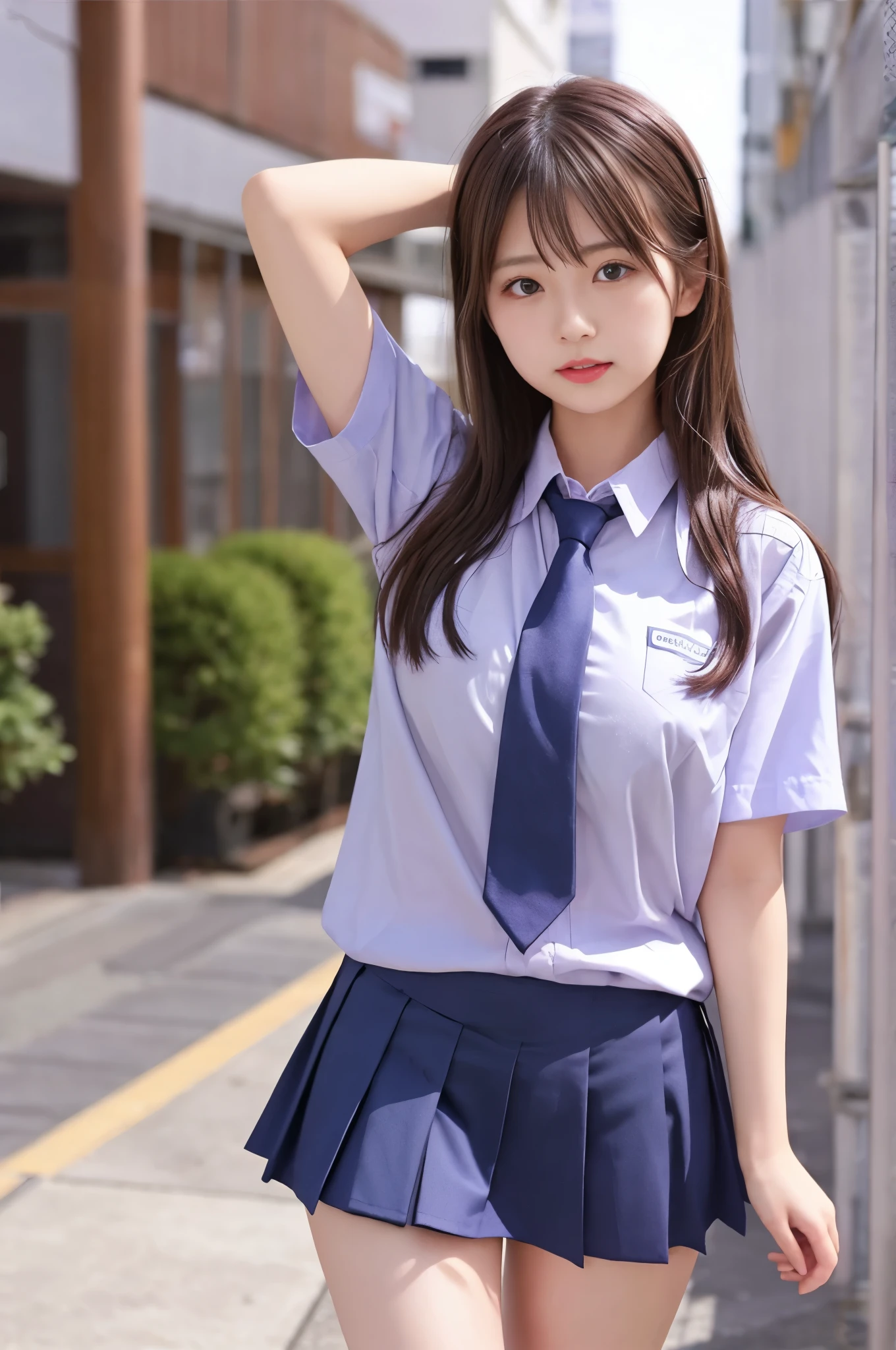 japanaese girl、Teen girls、perfect body type、Transparency、huge tit、School Uniforms、Navy blue tie、Navy blue skirt、Pink shirt、hposing Gravure Idol、shiny thighs