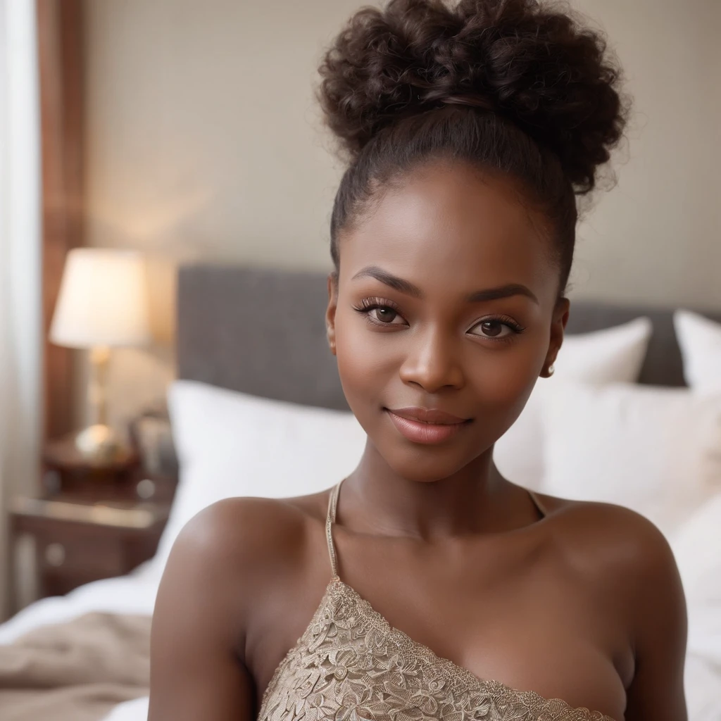 ((Dark African skin, Very deep ebony skin)), ((Its beauty is undeniable)), ((Excited cute face)), ((Hyper detailed perfect eyes,)), ((Language output)), ((Seductive)), sexy, ((tight yoga rompers)), ((Afro ponytail with long African curly hair,)), ((skin)), ((laying, on top of bed, full body, front view)), ((touching her own booty in a sexy pose)), ((hotel, laying on top of bed)), Sharp Focus CGI, photorealistic, High detail, Realistic, Masterpiece, absurd, Best quality, Hdr, High quality, high-definition, Extremely detailed, 8k wallpaper, Intricate details, 8K UHD, Full-HD, (photo realist:1.2), contrast, intense illumination, lighting cinematic, natural lighting, morning light, winter, Illumination globale, Laughing out loud, African women, Female sexy, The Hague