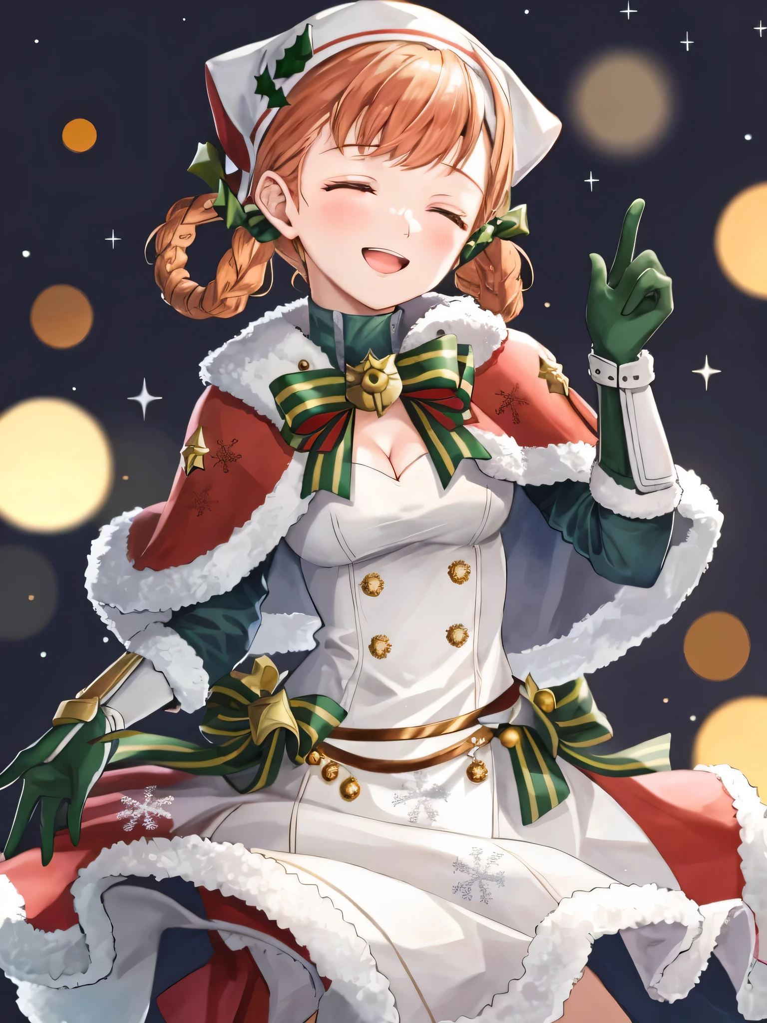 annette_hopes, 1girl, solo, breasts, closed eyes, blush, smile, open mouth, bangs, gloves, dress, cleavage, medium breasts, braid, elbow gloves, hand up, star (symbol), official alternate costume, fur trim, bell, capelet, musical note, christmas, green bow, hair rings, official alternate hairstyle, fur-trimmed gloves, fur-trimmed capelet, fur-trimmed dress, green gloves