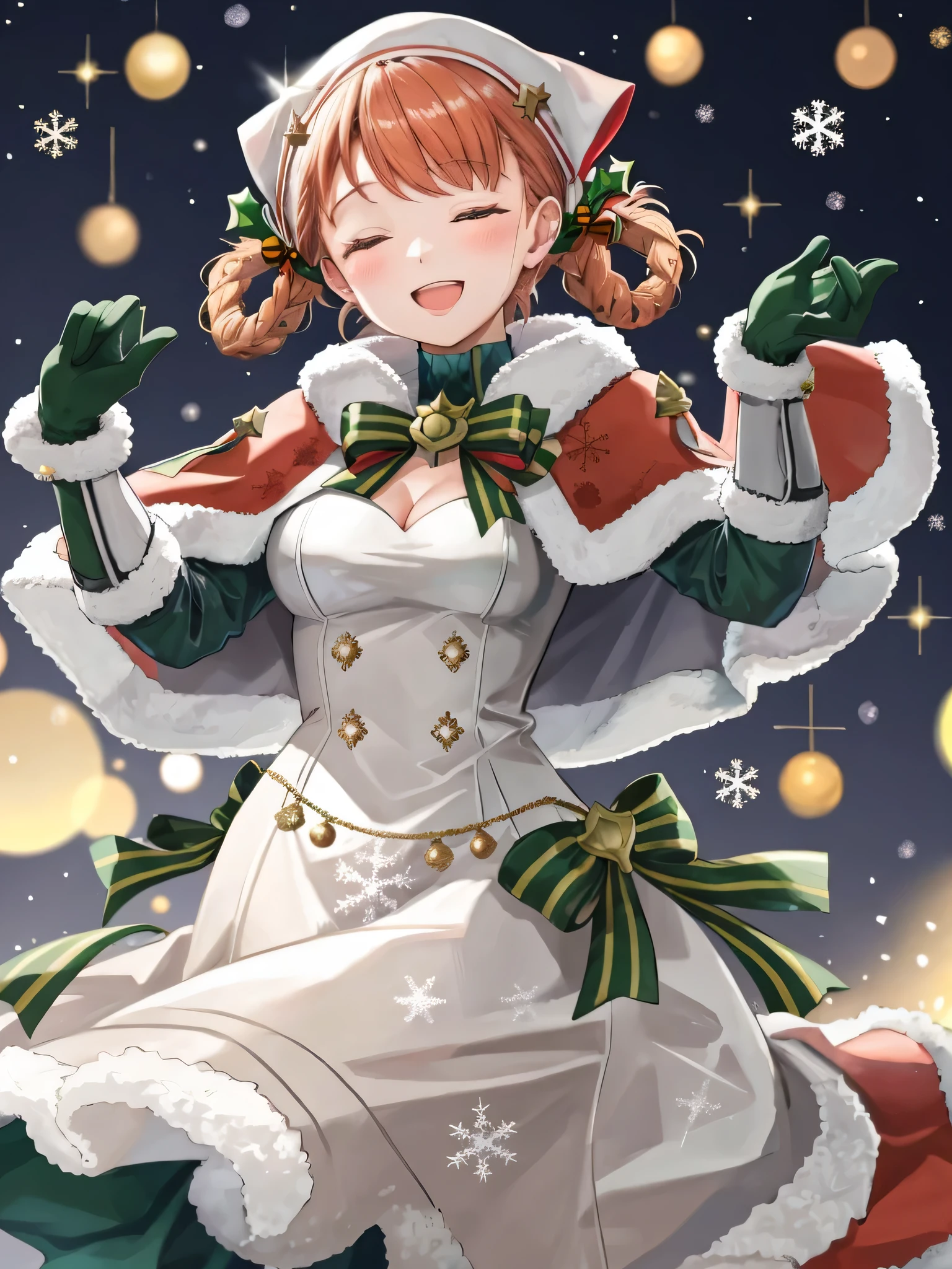 annette_hopes, 1girl, solo, breasts, closed eyes, blush, smile, open mouth, bangs, gloves, dress, cleavage, medium breasts, braid, elbow gloves, hand up, star (symbol), official alternate costume, fur trim, bell, capelet, musical note, christmas, green bow, hair rings, official alternate hairstyle, fur-trimmed gloves, fur-trimmed capelet, fur-trimmed dress, green gloves