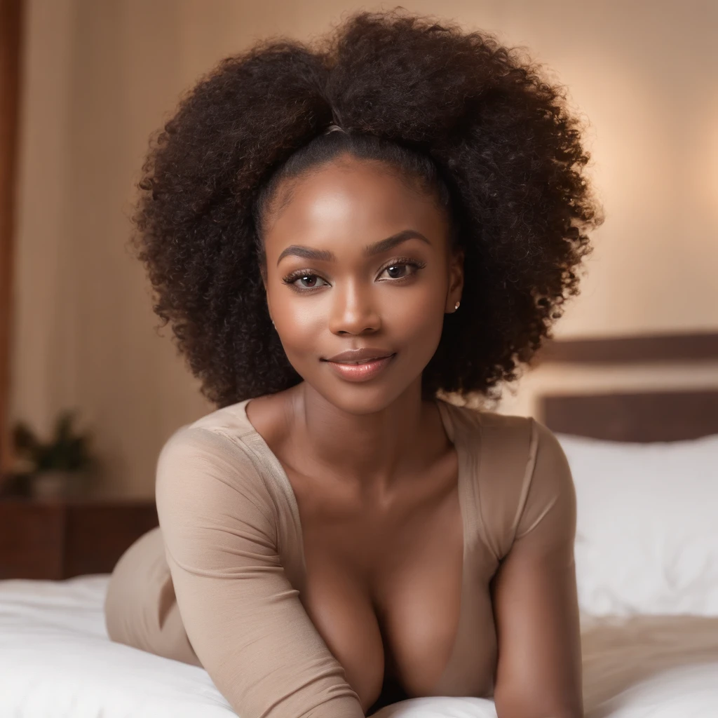 ((Dark African skin, Very deep ebony skin)), ((Its beauty is undeniable)), ((Excited cute face)), ((Hyper detailed perfect eyes,)), ((Language output)), ((Seductive)), sexy, ((tight yoga rompers)), ((Afro ponytail with long African curly hair,)), ((skin)), ((laying, on top of bed, full body, front view)), ((touching her own booty in a sexy pose)), ((hotel, laying on top of bed)), Sharp Focus CGI, photorealistic, High detail, Realistic, Masterpiece, absurd, Best quality, Hdr, High quality, high-definition, Extremely detailed, 8k wallpaper, Intricate details, 8K UHD, Full-HD, (photo realist:1.2), contrast, intense illumination, lighting cinematic, natural lighting, morning light, winter, Illumination globale, Laughing out loud, African women, Female sexy, The Hague