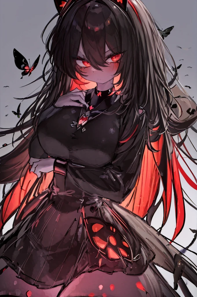 deadpan,,(Dark Fantasy),((marvelous illustration)),(Detail splash), Long Black Hair, Red pupils, girl, Pure black dress, Only the collar, The cuffs and skirt are dark red, Ears fixed on the sides are red butterfly bullets, masutepiece, Best Quality, High quality, headpiece,, Red and black crystal necklace, Black knee socks