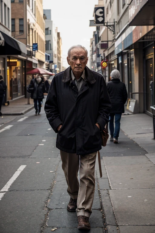 An old man, not paying attention to anyone, walks alone in the city.