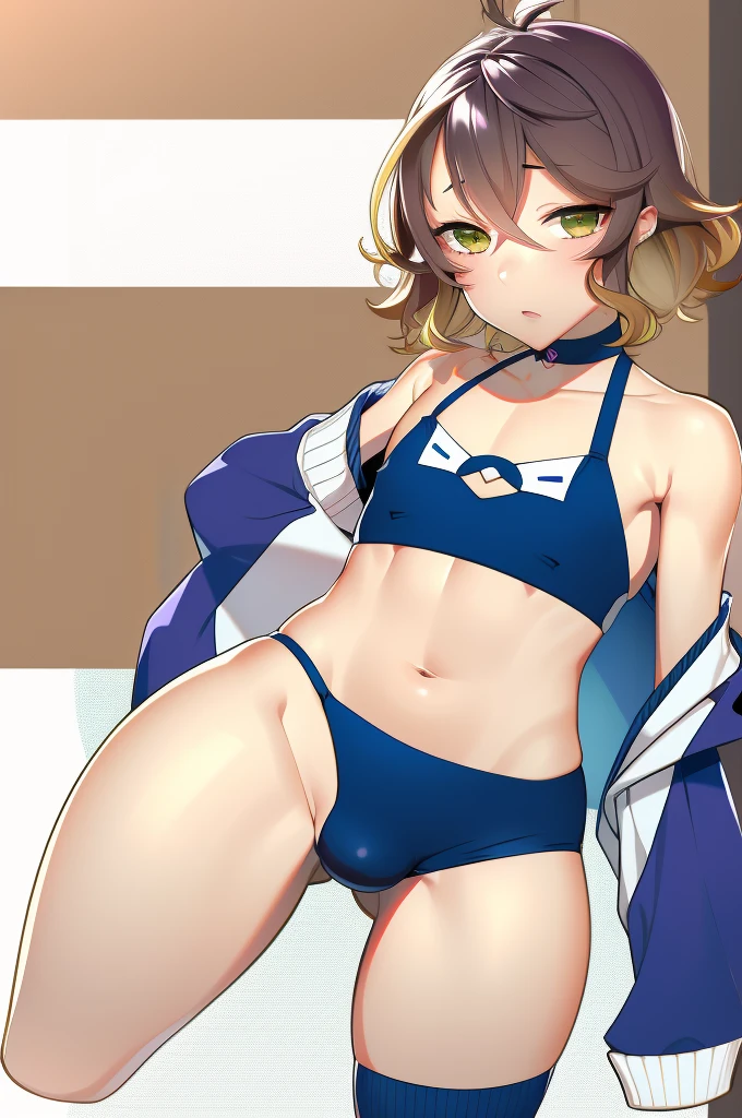 amicia michella - nijisanji, anime style, 1boy, deep violet hair, short hair, wavy hair, crop top, midriff, girly face, blushed, seductive, wide hips, thick thighs, huge round ass, flat chested, (((full flat chest))), (((bulge))), full body, dynamic pose, office, absurdres, high res, ultrasharp, 8K, masterpiece, looking at viewer, CuteTraps