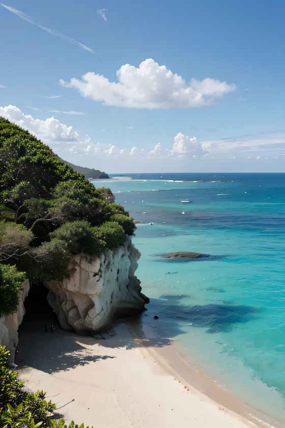 sunny weather, clear blue ocean and beach