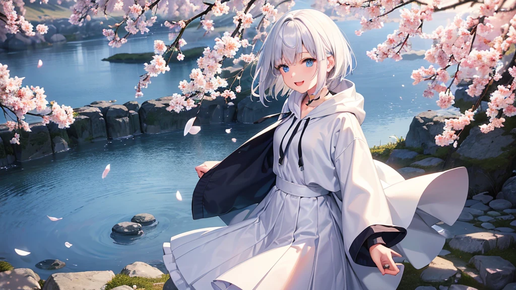 Ultra-high image quality,Look at viewers, hands behind back, girl with, 20 years old, Very short hair, long bangs between eyes, blue eyess,Black eyes, Hoodie, Skirt , Extremely detailed,(masterpiece、top-quality),White hair、A smile、Fantastical, Silver hair,, Hoodie, White hoodie,a black skirt,Hair is short,White jacket, Casual style,Open jacket, Cowboy Shot、Fluttering hair、a small face、Bright smile、(Detailed face) ,profetional lighting,fantastic landscape,Blue sky, Sunlight,look down from above,portraitures、open open mouth、facing front、fountain in the forest、flower field、cherry blossoms falling、5 fingers