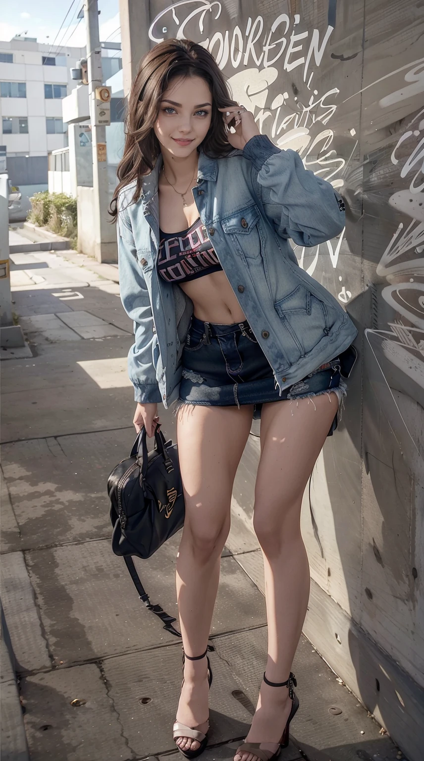 19-year-old woman、Hair color is brunette、Eye color is blue、Longhaire、wearing eye shadow and lipstick、Slender but well-proportioned muscular body、a smile、huge tit、is wearing  jacket、He wears a shirt with a logo inside his jacket.、I&#39;m wearing boyfriend denim、I'm wearing high heels、a smile、I&#39;m in front of an old concrete wall with graffiti on it.、There are not many graffiti