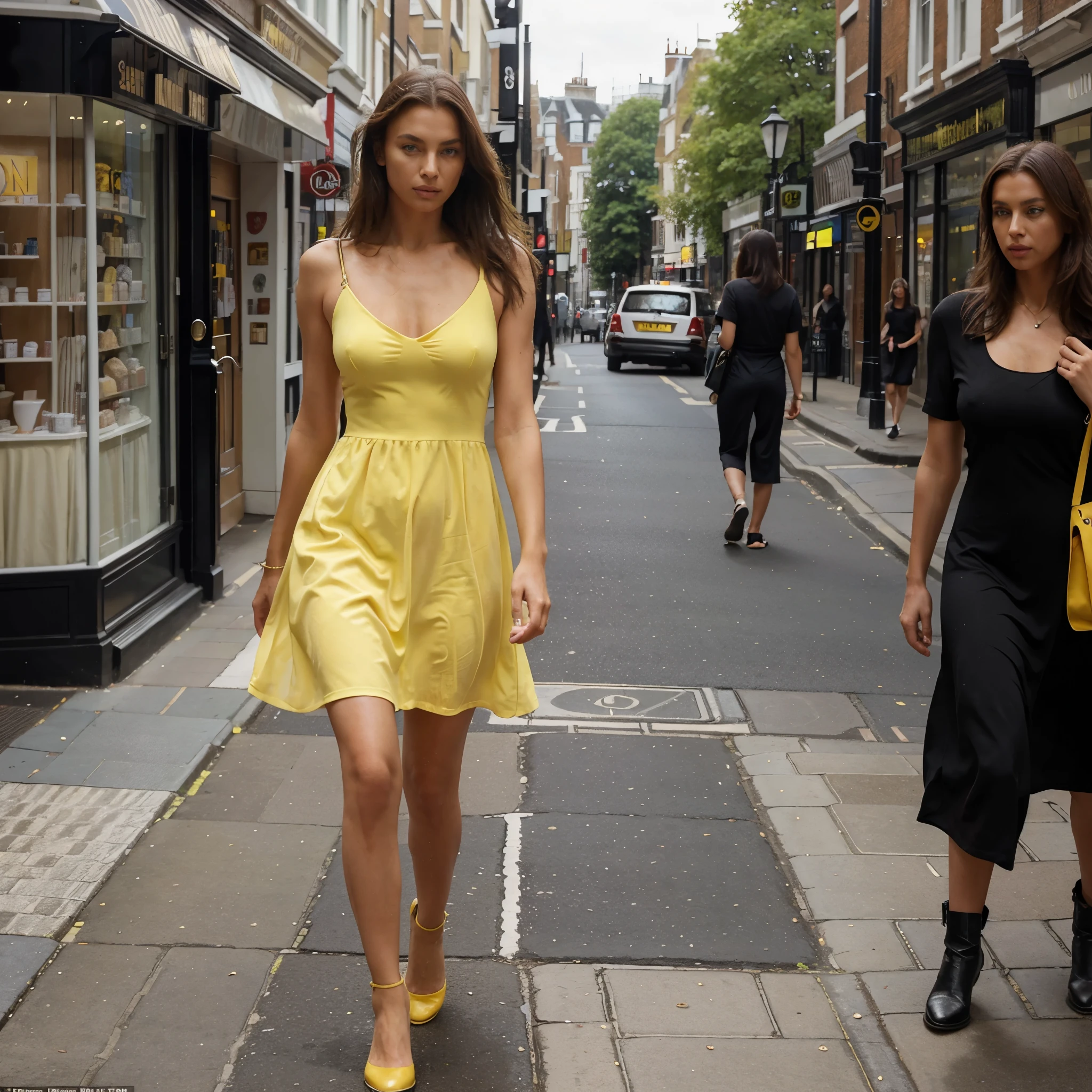 Female supermodel walks on the streets of High Street Kensington in London in a yellow summer dress