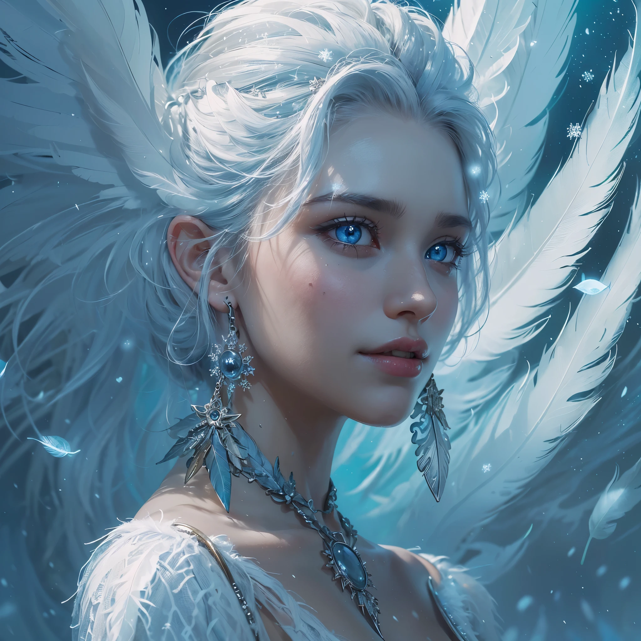 (award-winning masterpiece, incredibly detailed, textured and maximum detail), (hyper realism:1.4), (realism:1.3), (top quality realistic textured skin), (detailed true circle symmetrical eye-catching exquisite face, ((medieval world)), ((Lord demon)), ((Lord frozen Arctic Devil)), (she has a mischievous smile), (eyes glowing blue in the dark:1.8), (snowstorm), ((white snow costume 1.8)), (dramatic light), (magnificent scene), (her expression is gentle and beautiful, yet somehow terrifying), (feathers behind shoulders with large wings:1.6), snowflake earrings in ears, (dramatic photo:1.7), (seductive pose), ((dramatic pose)), (gorgeous photo), (golden hair), (silver hair), (chestnut hair), short cut hair, (full length portrait:1.7), ((examine)) ((looking down)), ((full-length standing figure)), ((gives full-length standing figure)), (elaborately crafted necklace around her neck), (bioluminescent with brilliant glow:1.1), (uses flashy snow magic:1.2), ((snowflake)), (luminous magic circle), (luminous magic circle), ancient castle ruins, abandoned ruins, crumbling ruins, glowing majestic mass of clouds and sky, lightning, epic realism, fading, art book, (Greg Rutkowski:0.8), (teal and orange:0.4), (art book station:1.5), cinematic, ((neutral hues)), (ticker:1.5), (muted colors:1 .2), hyperdetailed, dramatic light, (elaborate detail:1.1), complex background, (muted colors:1.5), (muted colors:1.2)