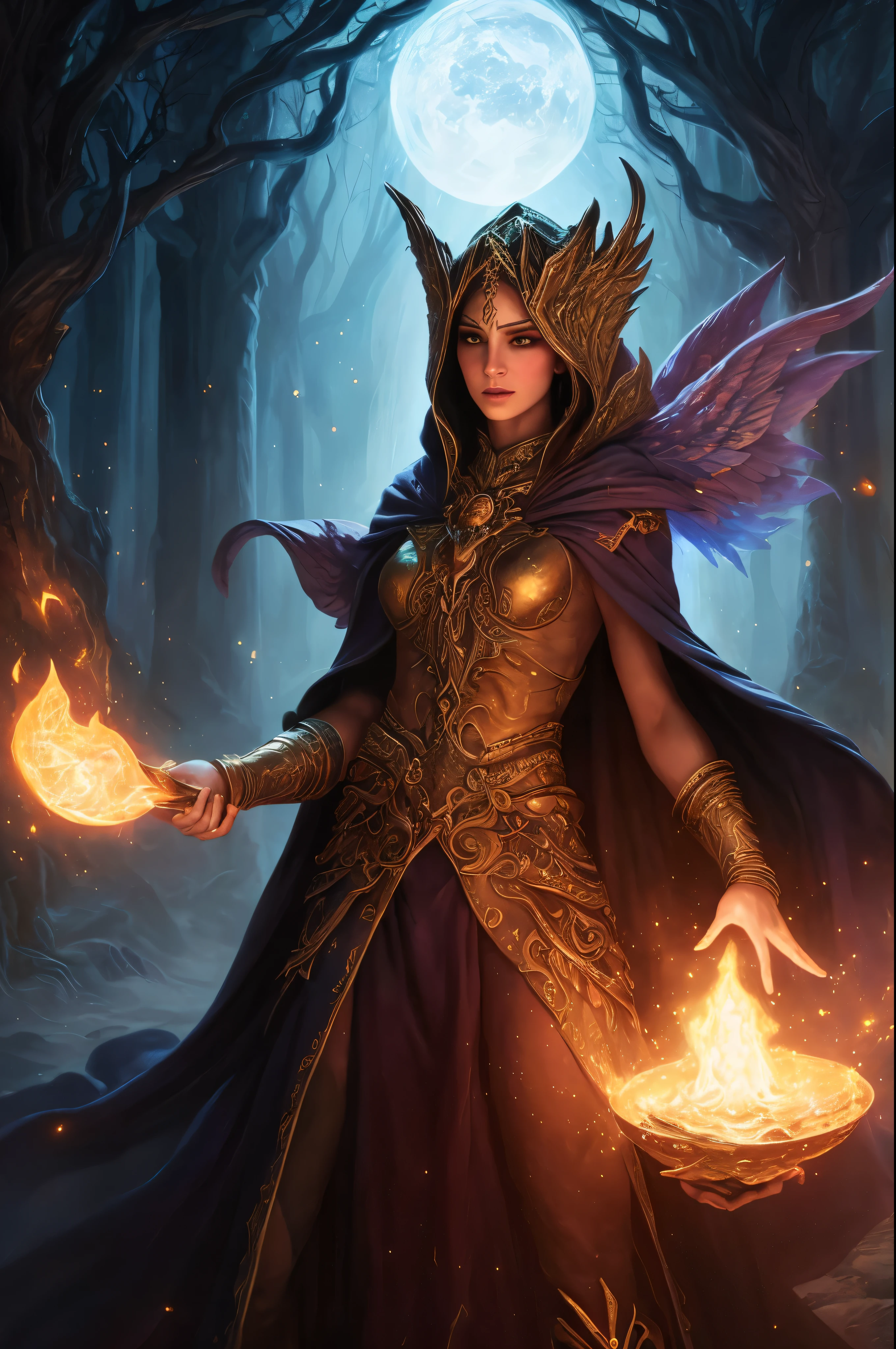 In a fascinatingly bright gouache painting, the artfully crafted scene depicts a mesmerizing spell of zealous magic. Against a background of unearthly shades, mage, dressed in luxurious clothes, fervently repeats ancient words. The image exudes a palpable aura of strength and devotion., with spell books, decorated with golden symbols and finely scattered shimmering crystals.. Each brush stroke flawlessly conveys the intensity of the spell.., immersing the viewer in the ardent passion and indomitable energy of the sorcerer.