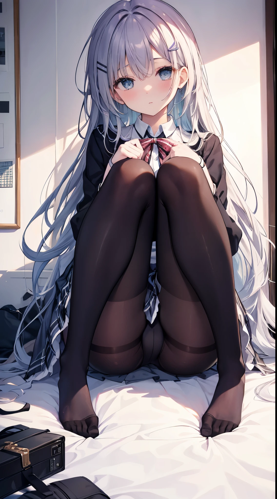 highest grade、masterpiece、HDTV、(full bodyesbian)、frontage、bilaterally symmetrical、Mature tall high school girl、独奏、(頭からつま先までのfull bodyesbian姿)、small tits、Longhaire、slightly disheveled hair 、(Black tights)、(black pantyhose)、Black pantyhose、Composition showing white panties、Slender and long beautiful legs、Composition from above the white bed、Composition of sleeping with legs stretched out、A very beautiful and tall 17 year old girl、(feet without shoes)、blushing、shy big eyes、 (bangss)、Unkempt hair、(hair clips)、Looking at the camera、Show white pants、White ruffled lingerie、High School Uniform Blazer、high school uniform white blouse、Blue ribbon on high school uniform、 High school uniform with short plaid pattern and navy pleated skirt