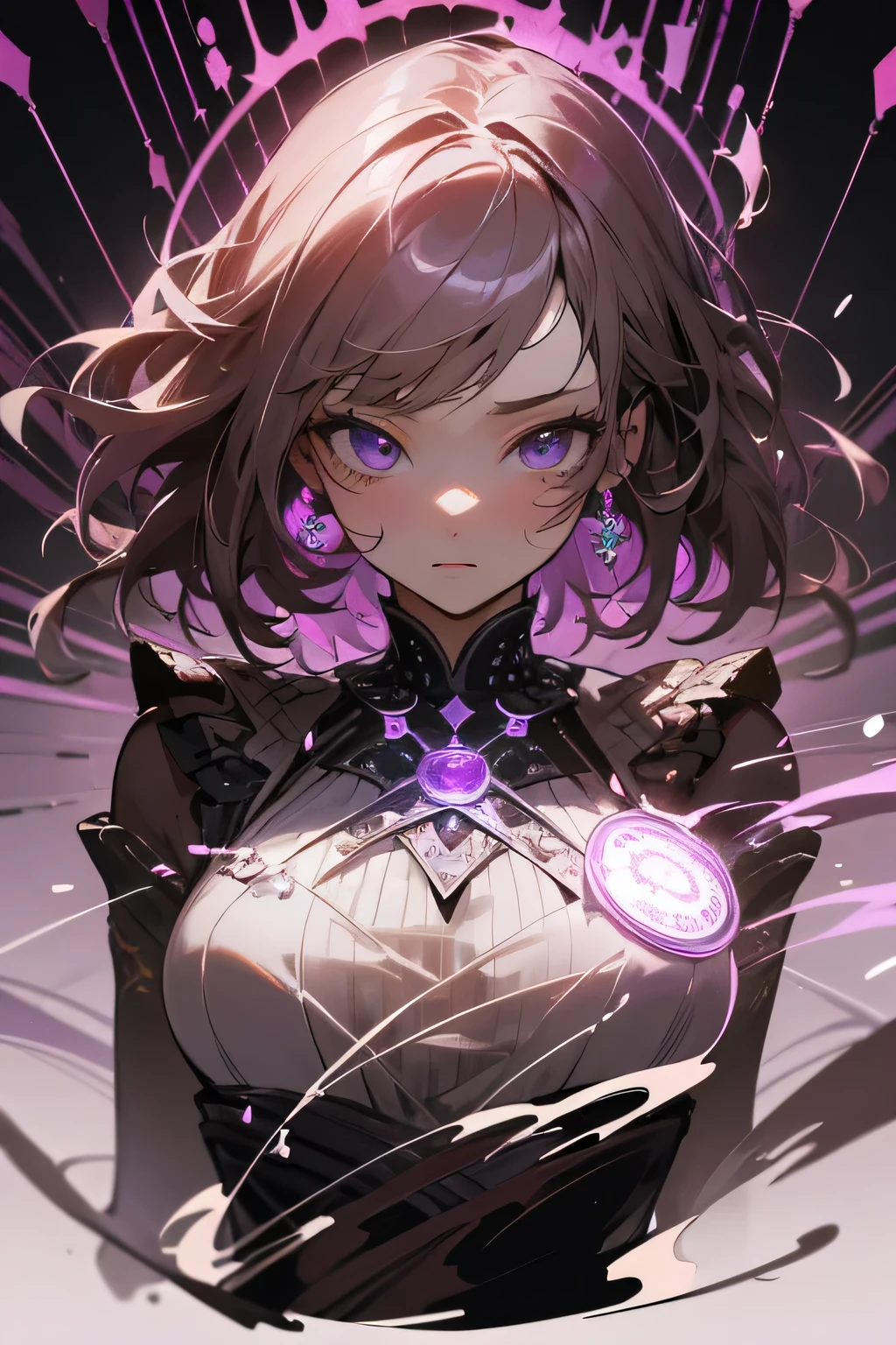 masutepiece, Highest Quality, ultra-detailliert, High resolution, (Ink painting style), Good anatomy, 1 beautiful woman, dishevled hair, an oil painting, beautiful Perfect face, soft skin and Perfect face, Added light purple and violet, Added light red, intricate-detail, Splash image, 8K resolution, Cute face, (((Mysterious magic array background))), ((Upper body:1.05)), best light, Best Shadow, Mysterious, Perfect face, Highly detailed,