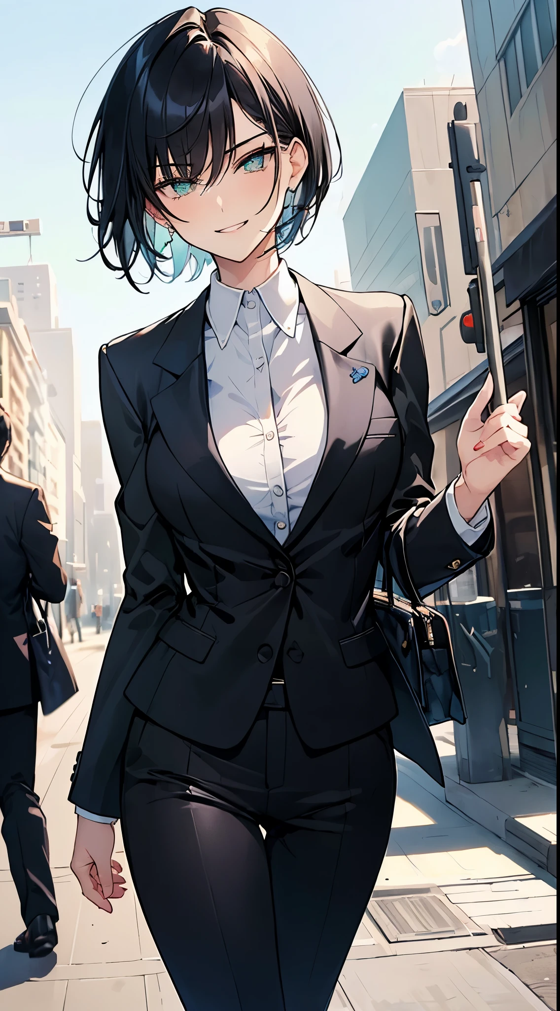 (((soft skin, beautiful, masterpiece))) short hair, black hair, azure eyes, grinning, suit, slender body shape, gangster, intimidating, dynamic angle, cityscape background