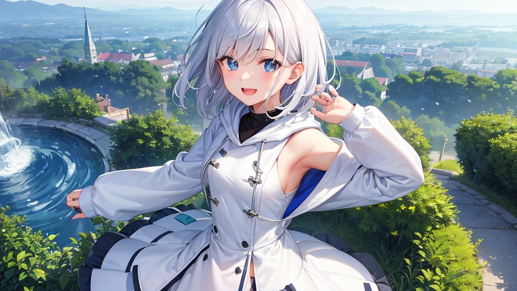Ultra-high image quality,Look at viewers, hands behind back, girl with, 20 years old, Very short hair, long bangs between eyes, blue eyess,Black eyes, Hoodie, Skirt , Extremely detailed,(masterpiece、top-quality),White hair、A smile、Fantastical, Silver hair,, Hoodie, White hoodie,a black skirt,Hair is short,White jacket, Casual style,Open jacket, Cowboy Shot、Fluttering hair、a small face、Bright smile、(Detailed face) ,profetional lighting,fantastic landscape,Blue sky, Sunlight,look down from above,portraitures、open open mouth、facing front、fountain in the forest、flower field、Upper body only、snowscape