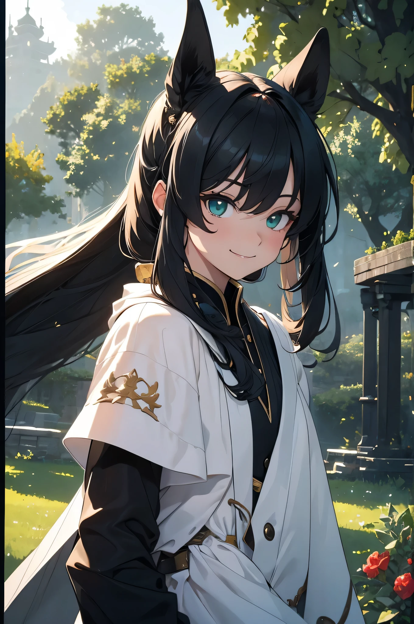 masterpiece, hyper HD,detailliert,Ein Mann,Smileing,Im Porzellan-Stil,Chinesische Antike,schwarze Haarfarbe,green eyes,Gabelung,langes schwarzes Haar,mit langem Pony,Hoher Pferdeschwanz,rote Krone,stattlich,masculine,Sanftmut,large, hoch,Ruhig,long white robe,al fresco,Bambuswald,Ast,Windkomfort, Young men,Der Ausdruck ist ernst