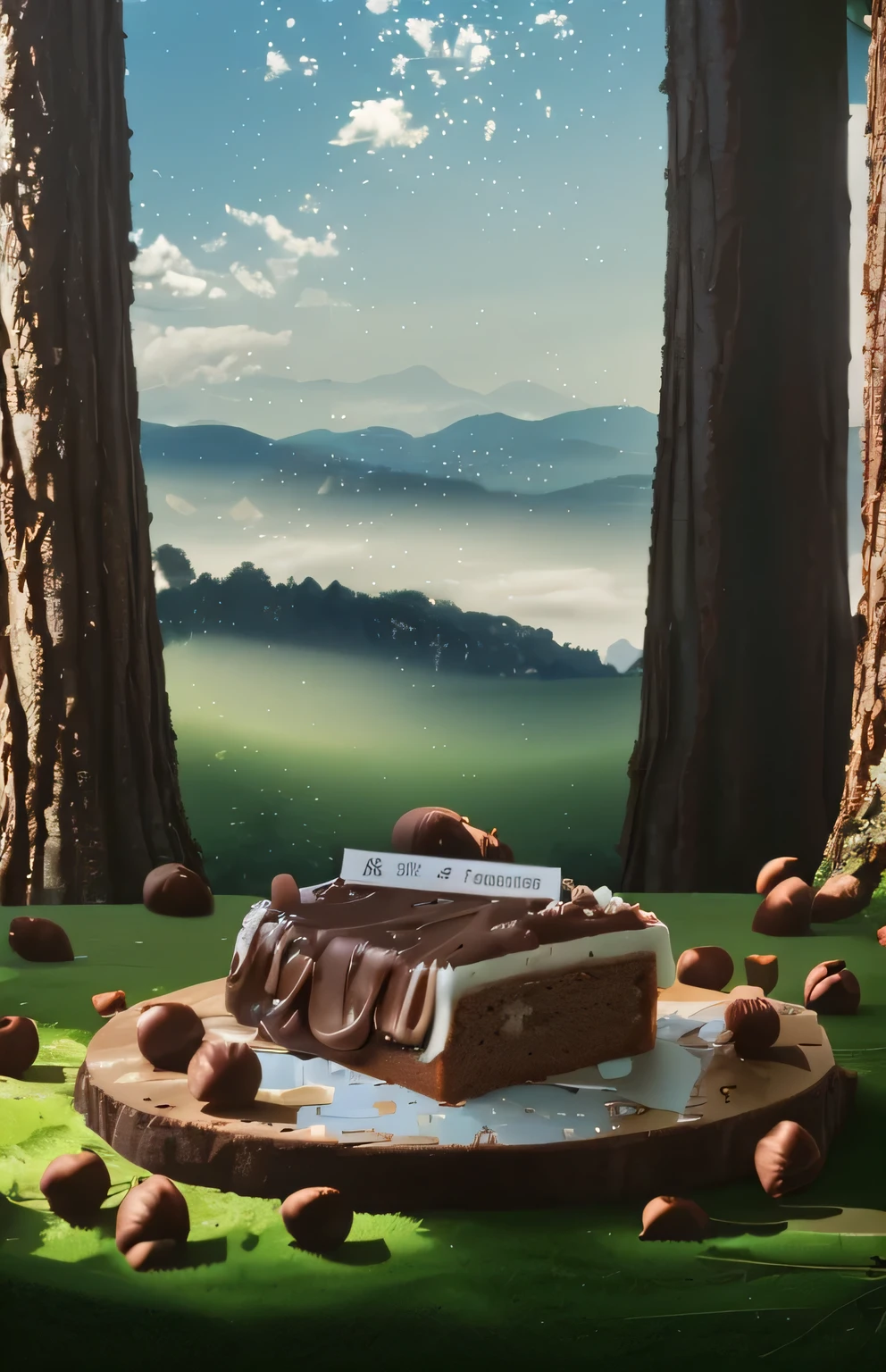 chestnut cake,on chocolate grass,Surrounded by tall trees,There are rolling mountains and blue sky and white clouds in the distance,8K,high-definition picture quality,Cinematic light and shadow