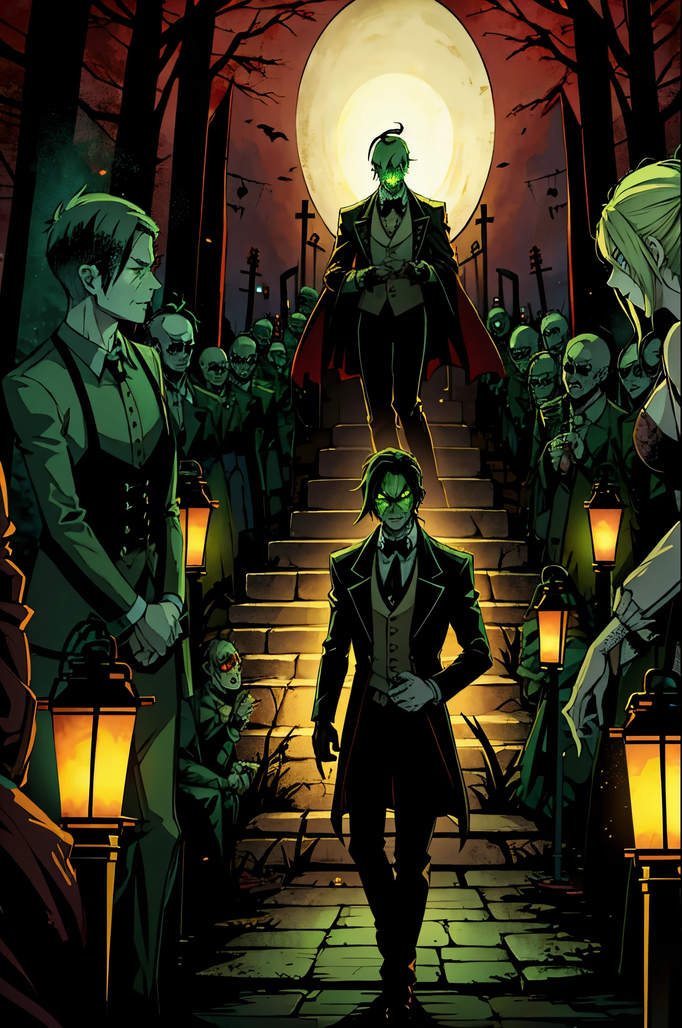 Zombie army in a graveyard lead by a butler zombie with lanterns and green flames