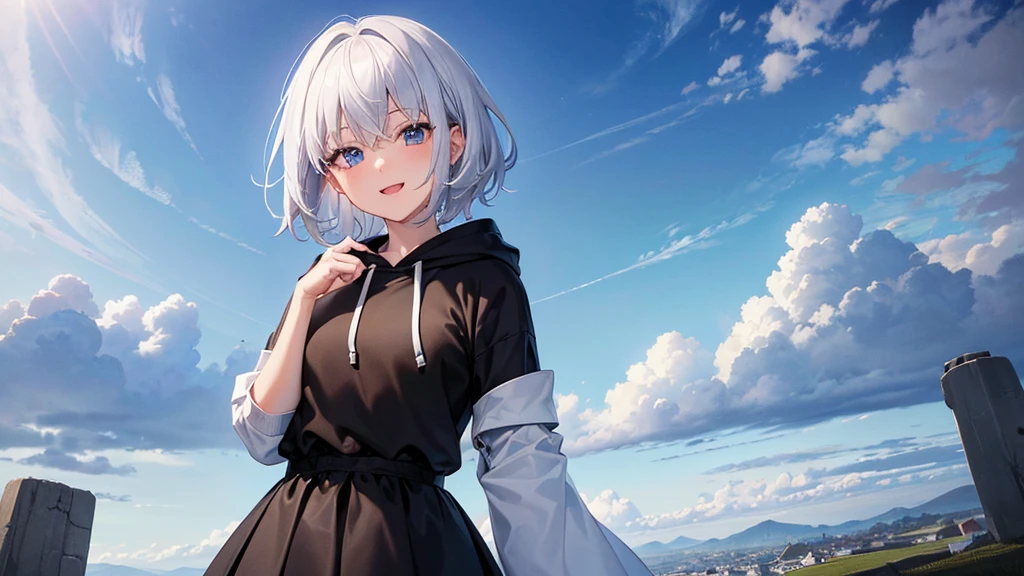 Ultra-high image quality,Look at viewers, hands behind back, girl with, 20 years old, Very short hair, long bangs between eyes, blue eyess,Black eyes, Hoodie, Skirt , Extremely detailed,(masterpiece、top-quality),White hair、A smile、Fantastical, Silver hair,, Hoodie, White hoodie,a black skirt,Hair is short,White jacket, Casual style,Open jacket, Cowboy Shot、Fluttering hair、a small face、Bright smile、(Detailed face) ,profetional lighting,fantastic landscape,Blue sky, Sunlight,look down from above,portraitures、open open mouth、facing front、fountain in the forest、flower field、Upper body only、snowscape