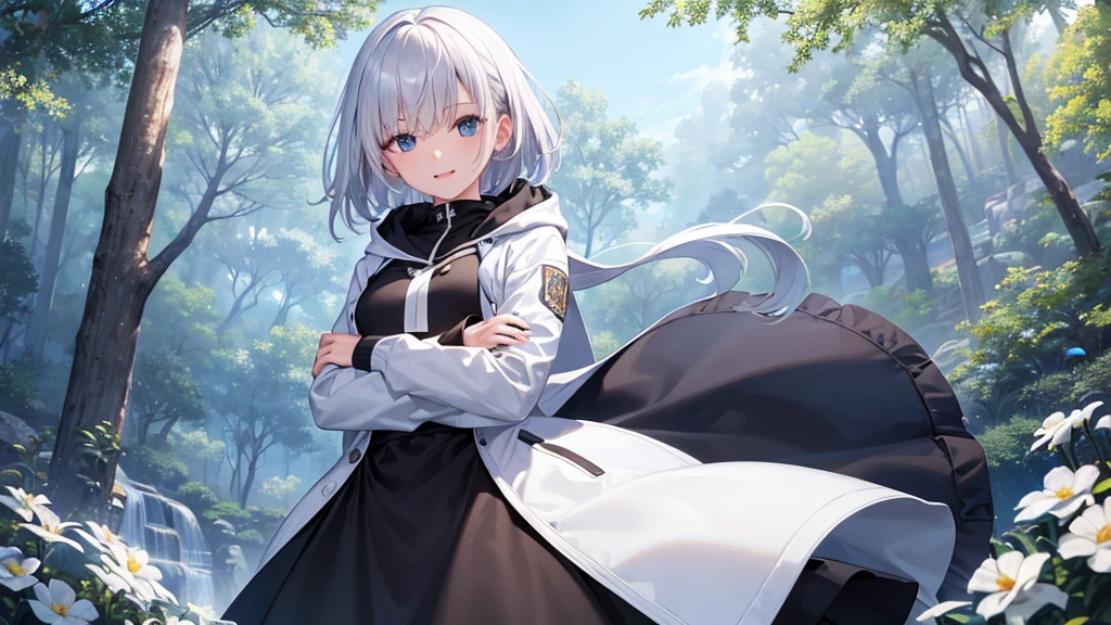 Ultra-high image quality,Look at viewers, hands behind back, girl with, 20 years old, Very short hair, long bangs between eyes, blue eyess,Black eyes, Hoodie, Skirt , Extremely detailed,(​masterpiece、top-quality),White hair、A smile、Fantastical, Silver hair,,  Hoodie, White hoodie,a black skirt,Hair is short,White jacket, Casual style,Open jacket,  Cowboy Shot、Fluttering hair、a small face、Bright smile、(Detailed face) ,profetional lighting,fantastic landscape,Blue sky, Sunlight,look down from above,portraitures、open open mouth、facing front、fountain in the forest、flower  field、Upper body only、snowscape