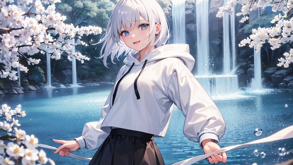 Ultra-high image quality,Look at viewers, hands behind back, girl with, 20 years old, Very short hair, long bangs between eyes, blue eyess,Black eyes, Hoodie, Skirt , Extremely detailed,(masterpiece、top-quality),White hair、A smile、Fantastical, Silver hair,, Hoodie, White hoodie,a black skirt,Hair is short,White jacket, Casual style,Open jacket, Cowboy Shot、Fluttering hair、a small face、Bright smile、(Detailed face) ,profetional lighting,fantastic landscape,Blue sky, Sunlight,look down from above,portraitures、open open mouth、facing front、fountain in the forest、flower field、Upper body only、snowscape