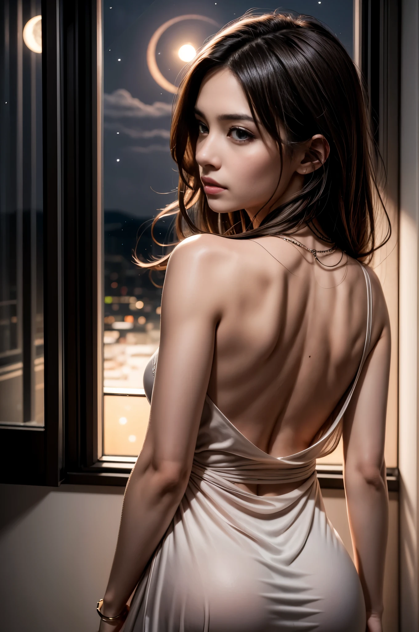 (Photoreal Stick:1.5, masutepiece:1.5, 8K), (top-quality, masterpiece, 超A high resolution), Perfect dynamic composition, Professional camera work:1.4, Highly detailed skin and facial texture:1.3, Mystical portrait:1.3, Grow Light Effect, The ultra-detailliert, 1girl in, ((Night view from inside the building, Pitch black room:0.9, The moonlight at night shines through the glass)), (v neck nightdress), Model body type, Clear face, (Beautiful and seductive eyes:0.8, Enraptured look:0.8, i love you completely:0.8, A mouthfeel that feels beautiful eros:0.7), Dark brown medium hair, the chest is medium, a necklace, (backshots, Beautiful back), ((seductiv))
