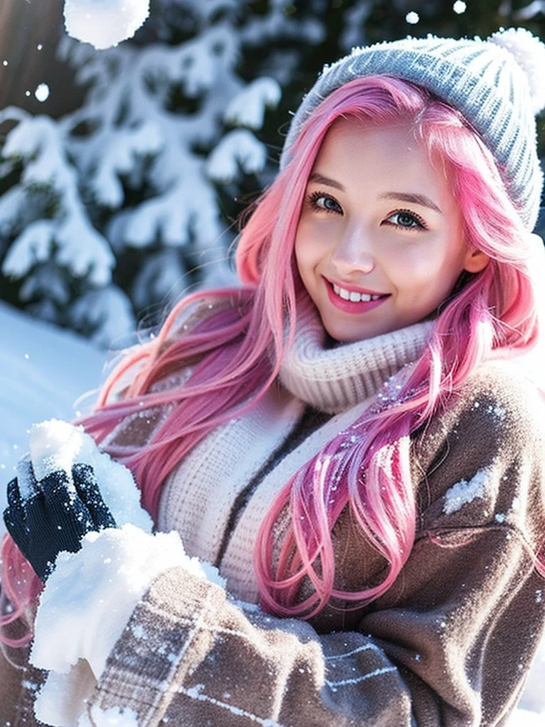 gamer girl, vibrant pink hair, long hair, makeup, winter, ((snow))