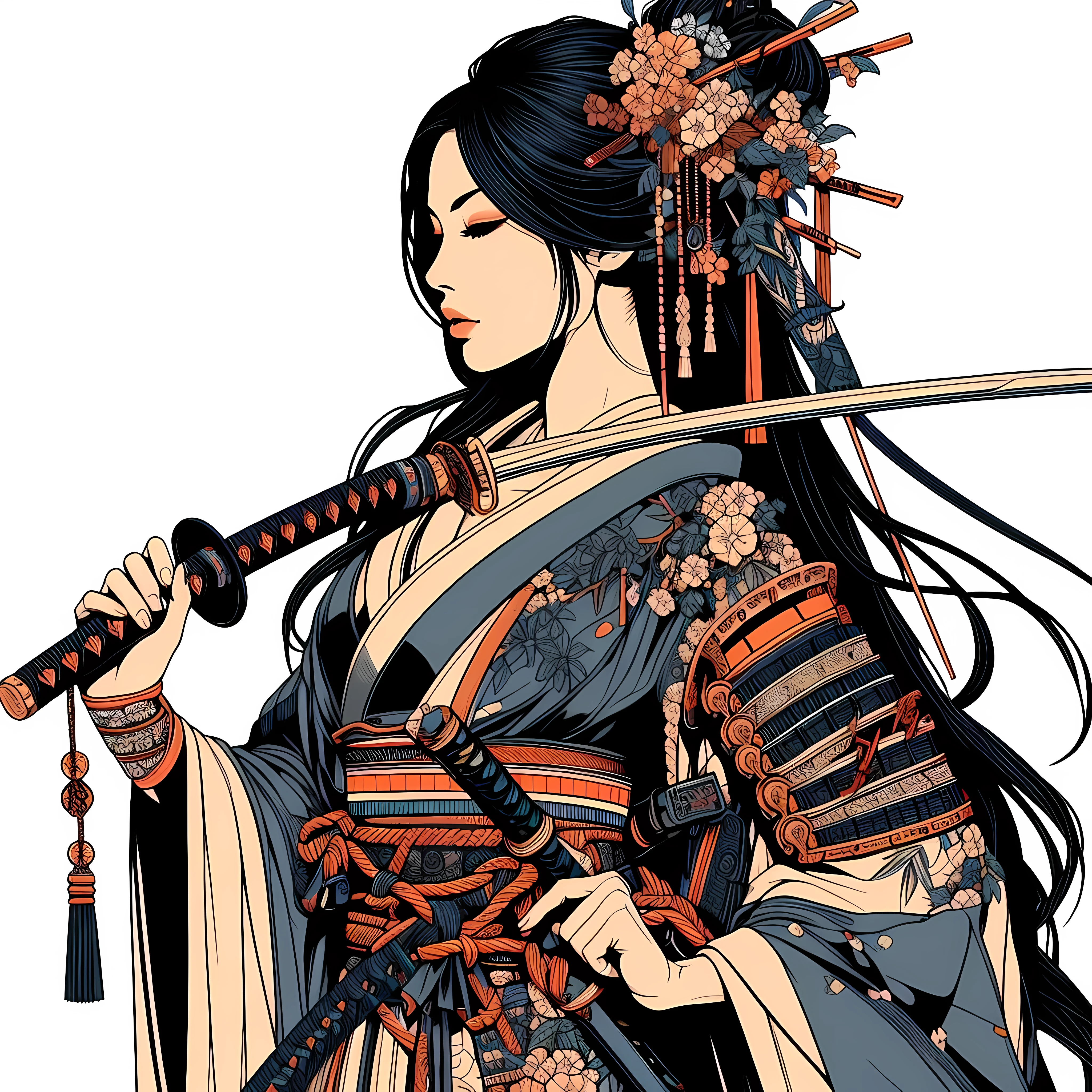 create a (32k masterpiece, best quality:1.4) coloured line art illustration of: a beautiful Japanese female samurai, she is the epitomy of power and historic elegance, exuding an aura of invincibility and charm at the same time