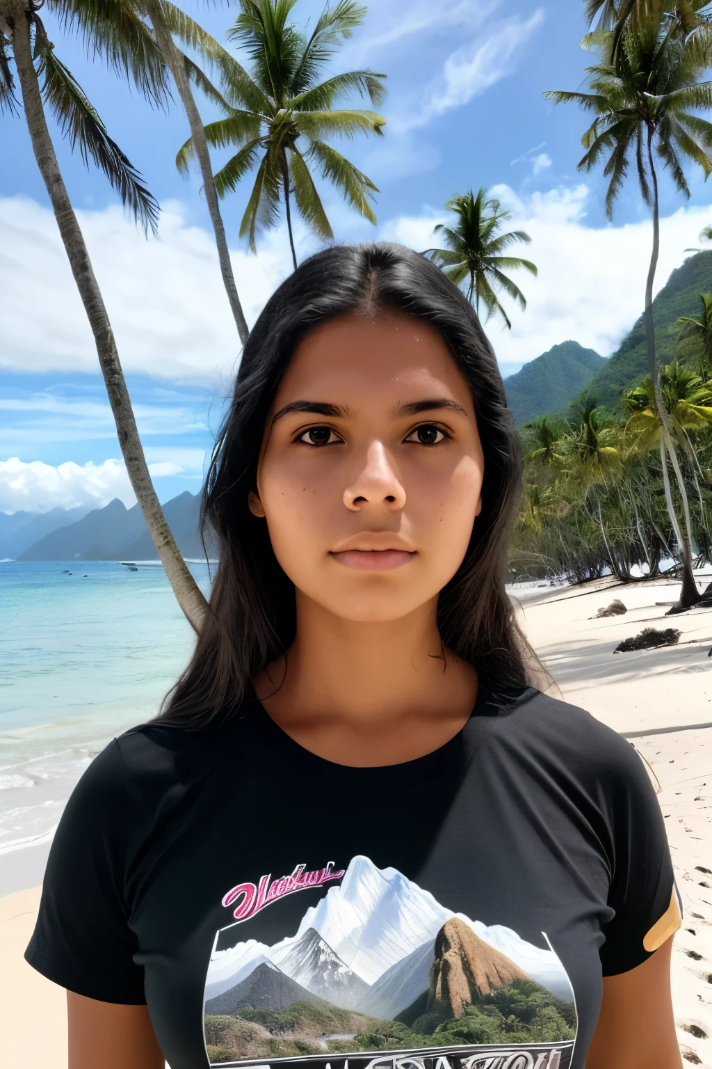 nataliabrazil2001, a 22yo women, skin face and detailed pores, on the beach surrounded by mountains, coconut trees, rocks, wearing black rock band t-shirt, ultra realism, ultra detailed scene, cinematic, front face like ID picture