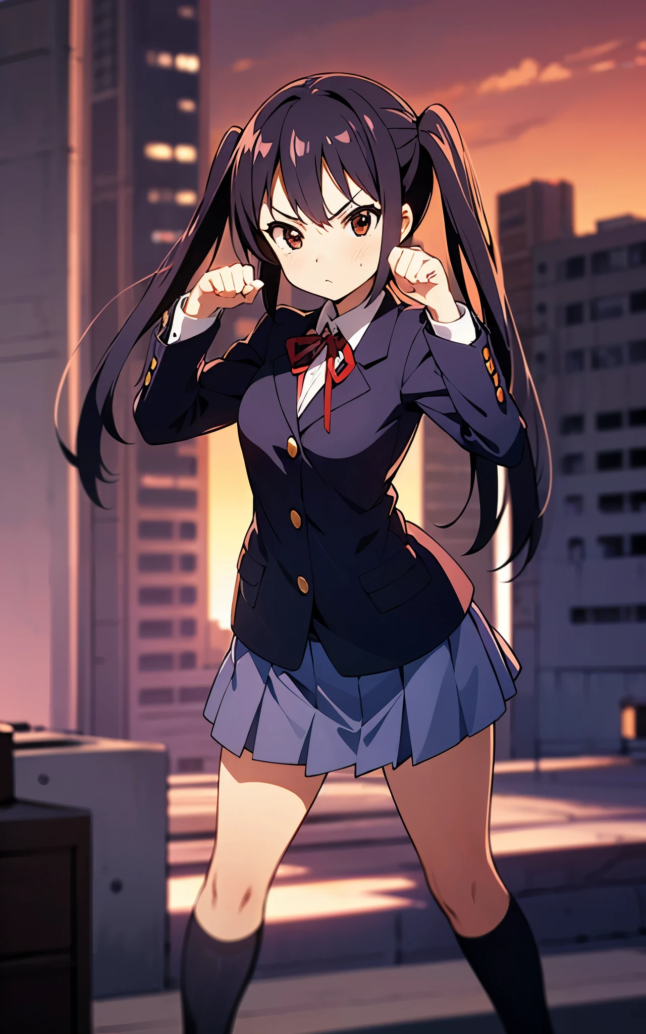 1girl, (((masterpiece))), highest quality, best quality, high detail, nakano azusa, 1girl, sakuragaoka high school uniform, school uniform, twintails, long hair, black hair, brown eyes, solo, red , a navy blue blazer with red narrow ribbon, a solid white buttoned shirt under the blazer, illustration, cartoon, soothing tones, calm colors, soft cinematic light, adobe lightroom, photolab, hdr, intricate, highly detailed, ((((depth of field)))). (((takeout))).dynamic focus.((big breasts)).(((Skyscrapers))).(((A city scape))).(((serious))). closed mouth.(((up chest))).((evening glow)).((the setting sun)).fighting stance