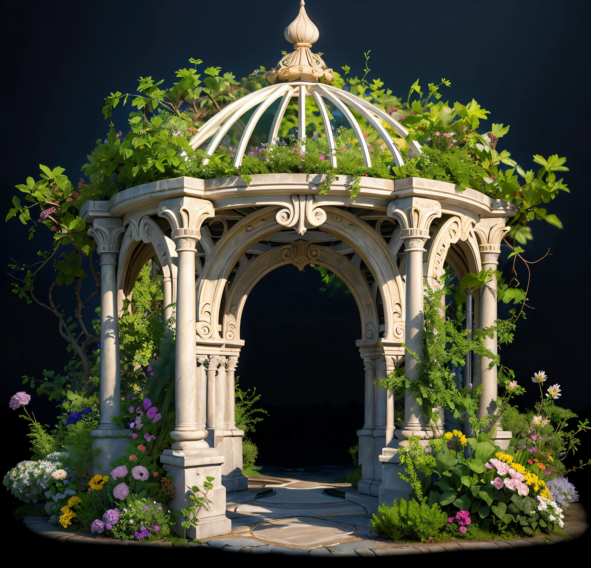 有一个gazebo,full of flowers and vines, All-black background, beautiful render of a fairytale, , beautiful high resolution, Garden background, dreamy and detailed, Detailed landscapes, background artwork, high detal), well rendered, floral environment, pillar, Beautiful image, realistic garden, gazebo, arbor