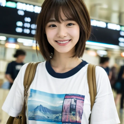 Realistic photos of Korean women, crossed bangs, little smiling, T-shirt, In the airport, POV, Eye-Level Shot, Blurry, nffsw, masutepiece, hight resolution, 16 K